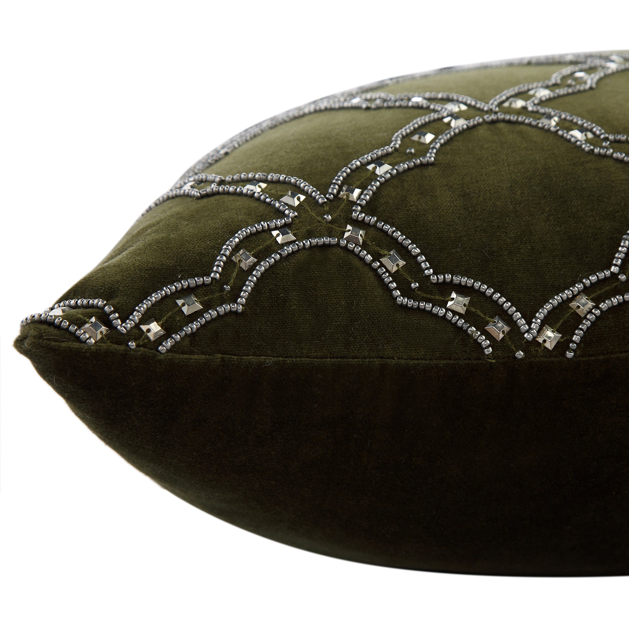 Luxe Collection Greta Beaded Moss Cotton Velvet Cushion