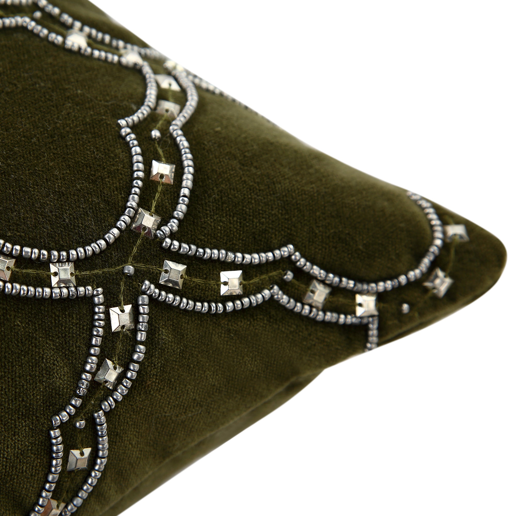 Luxe Collection Greta Beaded Moss Cotton Velvet Cushion