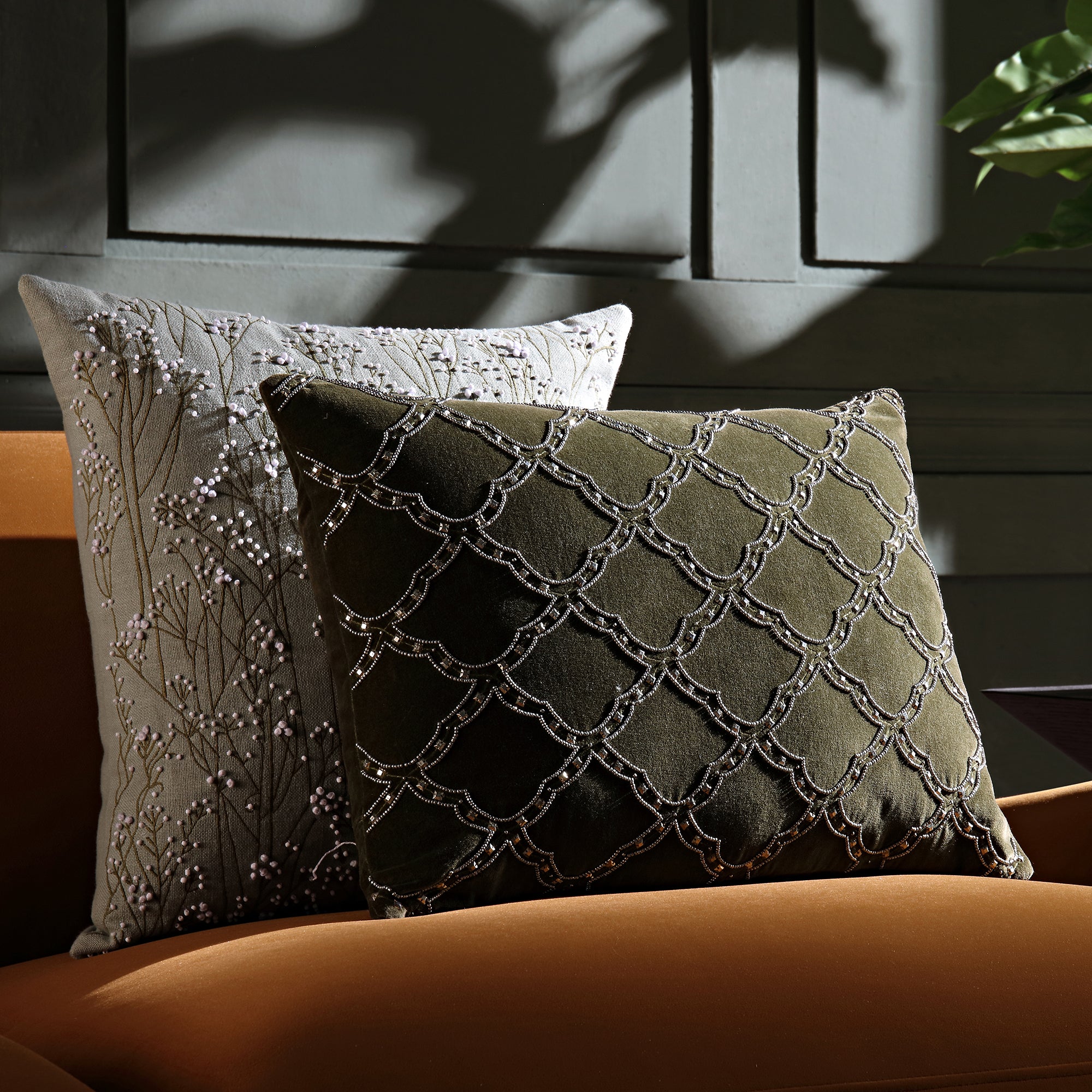 Luxe Collection Greta Beaded Moss Cotton Velvet Cushion