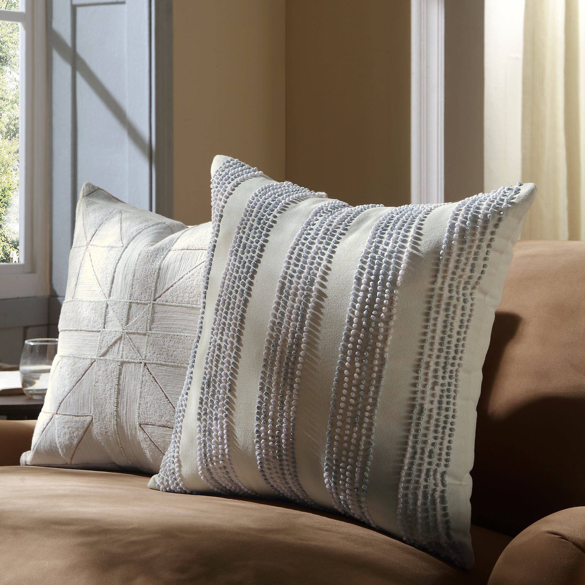 Indigo Collection Laguna French Knot White & Blue Cotton Cushion