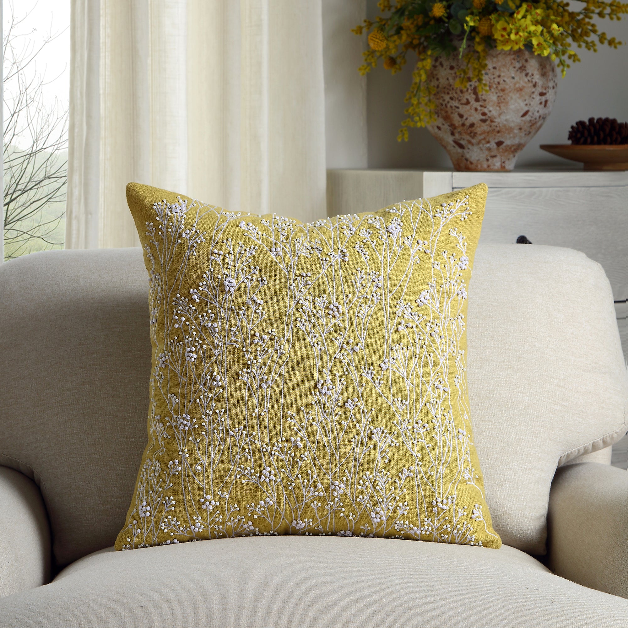 Meadow Hand Beaded and Embroidered Corn Yellow Cushion