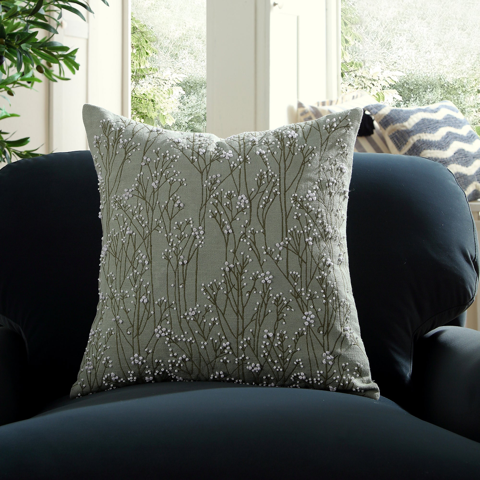 Meadow Hand Beaded and Embroidered Sage Green Cushion