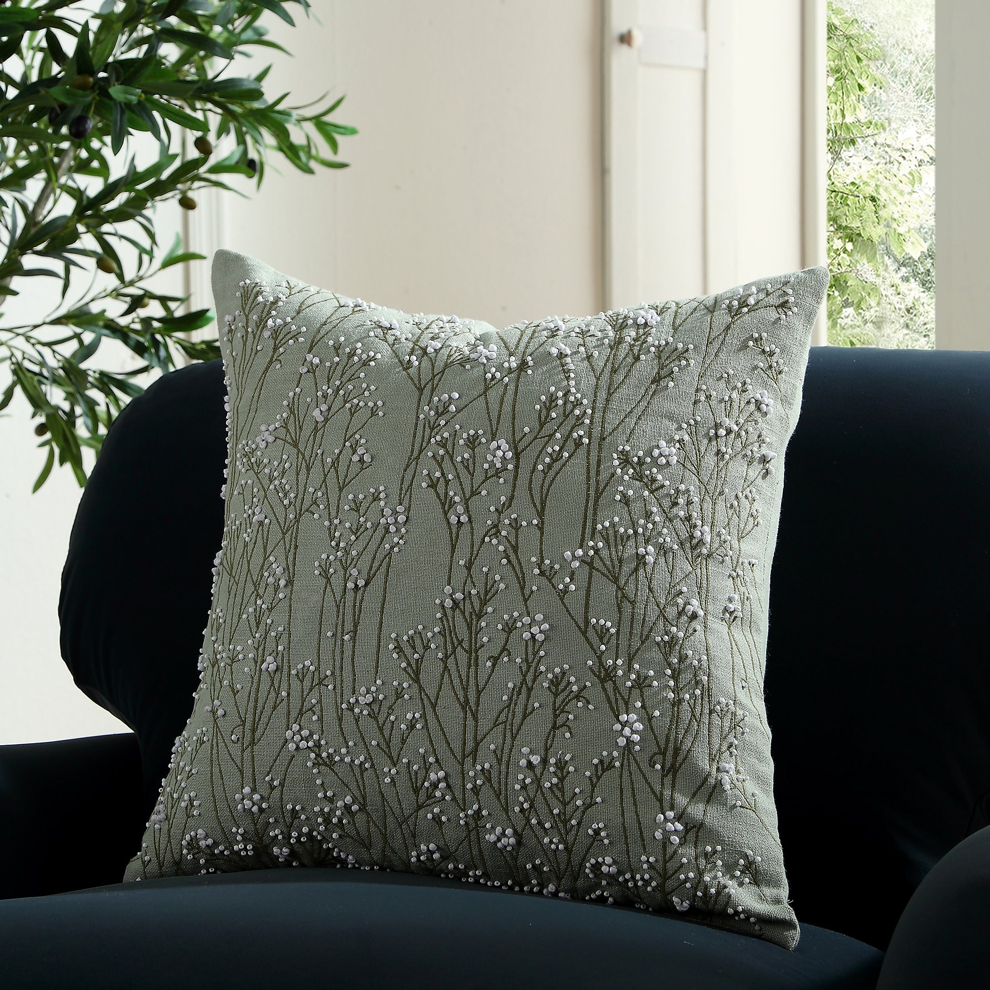 Meadow Hand Beaded and Embroidered Sage Green Cushion