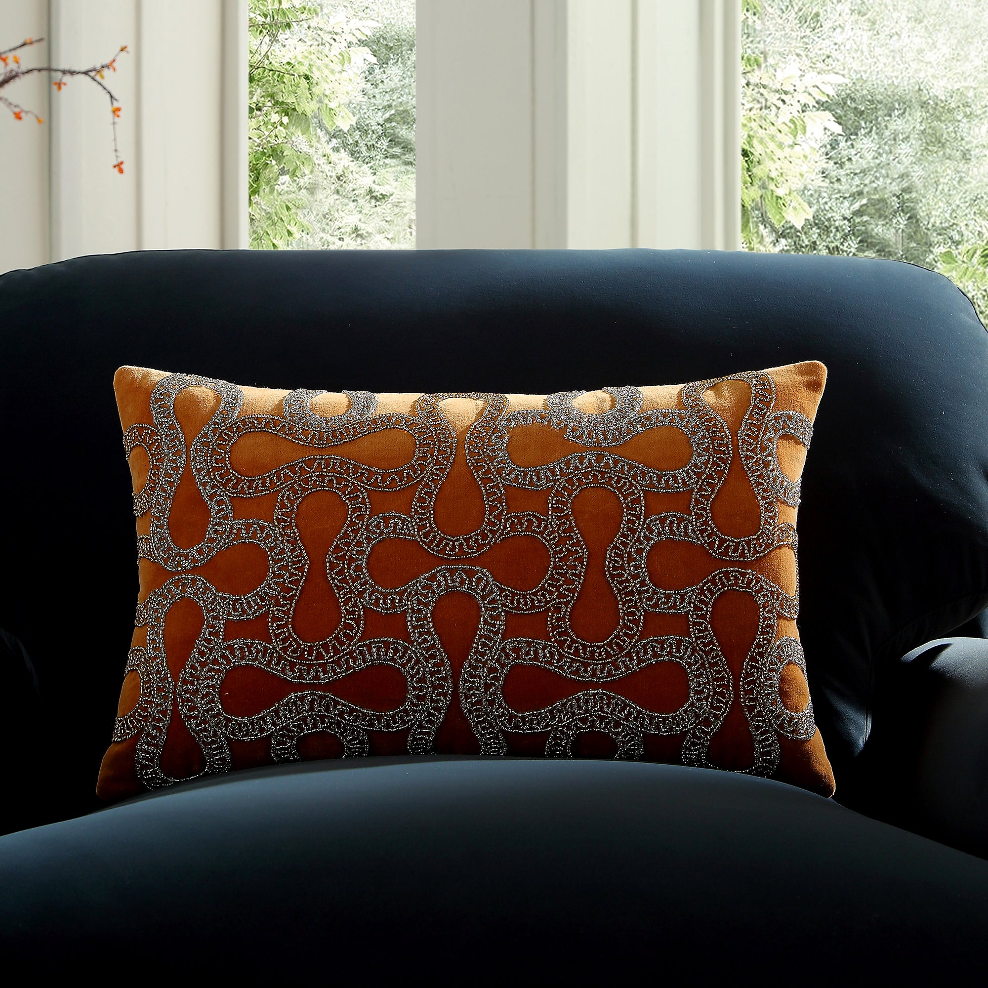 Luxe Collection Orla Hand Beaded Apricot Cotton Velvet Cushion