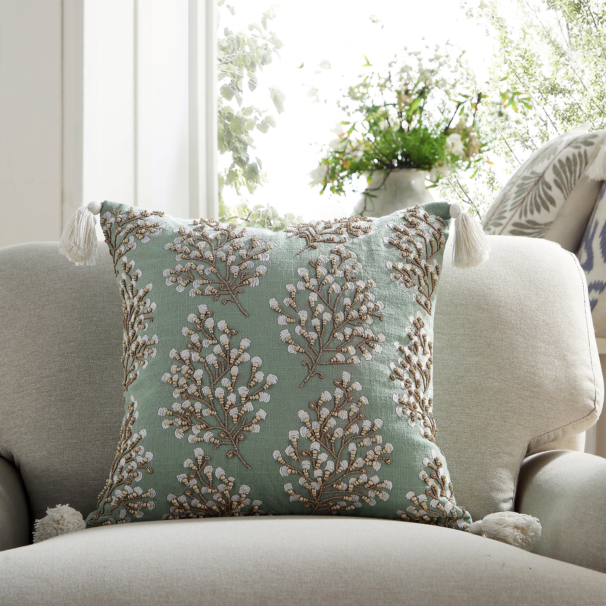 Vine Collection Primula Hand Embroidered Beaded Cushion