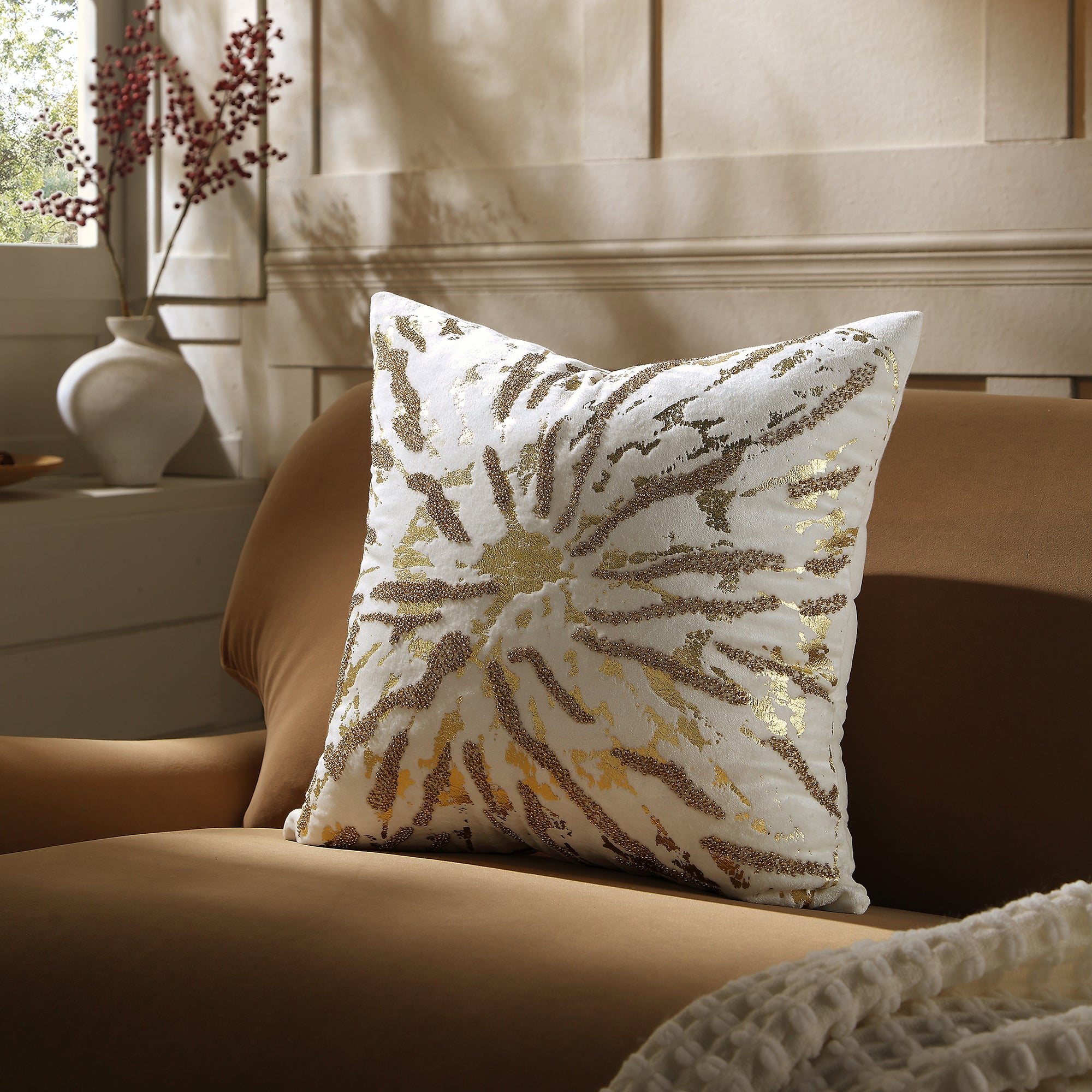 Luxe Collection Starburst Gold Foil Hand Beaded Velvet Cushion