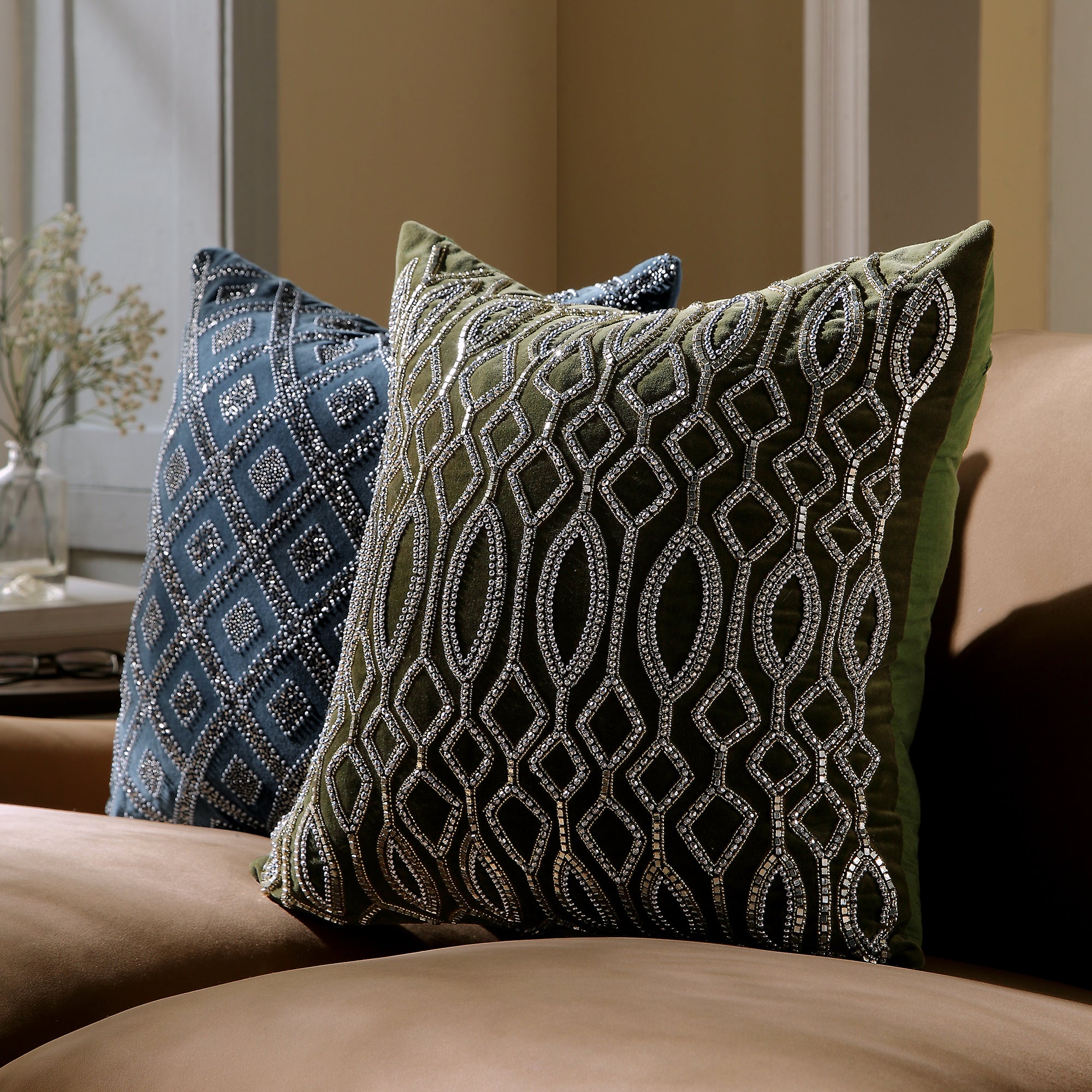 Luxe Collection Verona Beaded Moss Cotton Velvet Cushion