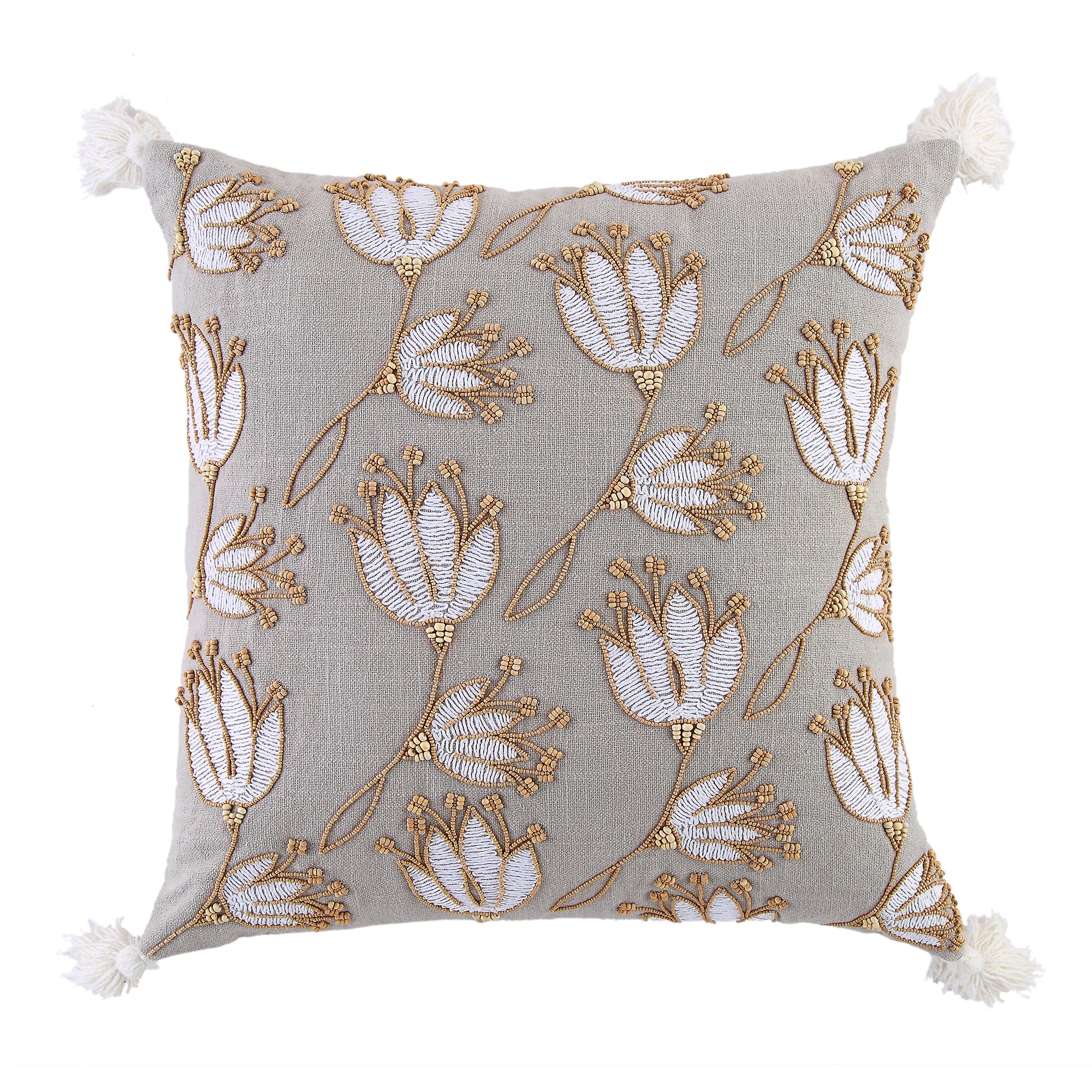 Vine Collection Wild Lotus Hand Embroidered Beaded Cushion