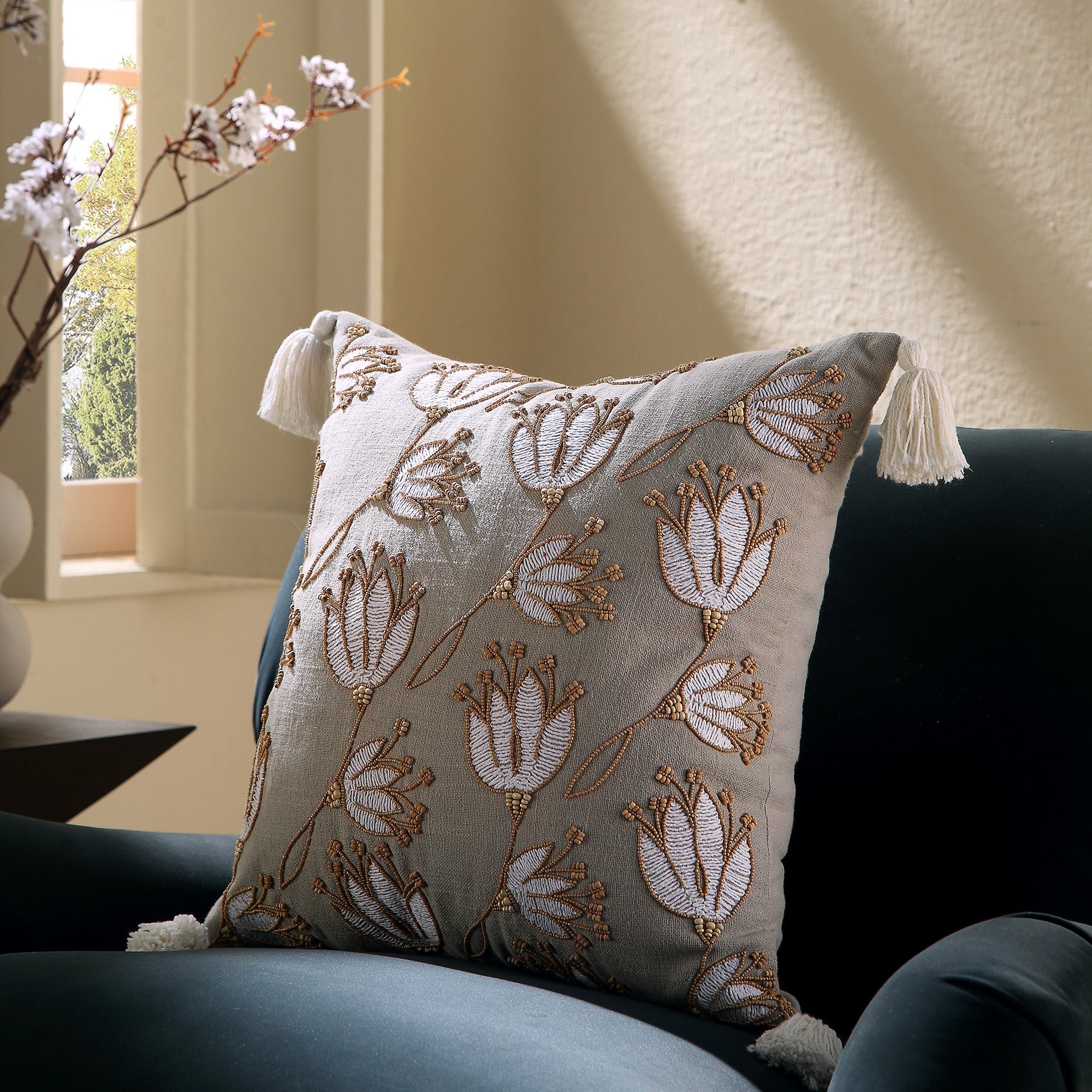 Vine Collection Wild Lotus Hand Embroidered Beaded Cushion