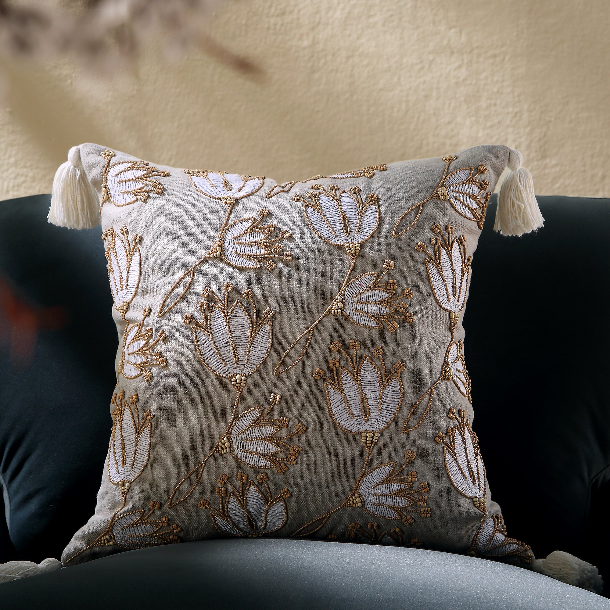 Vine Collection Wild Lotus Hand Embroidered Beaded Cushion