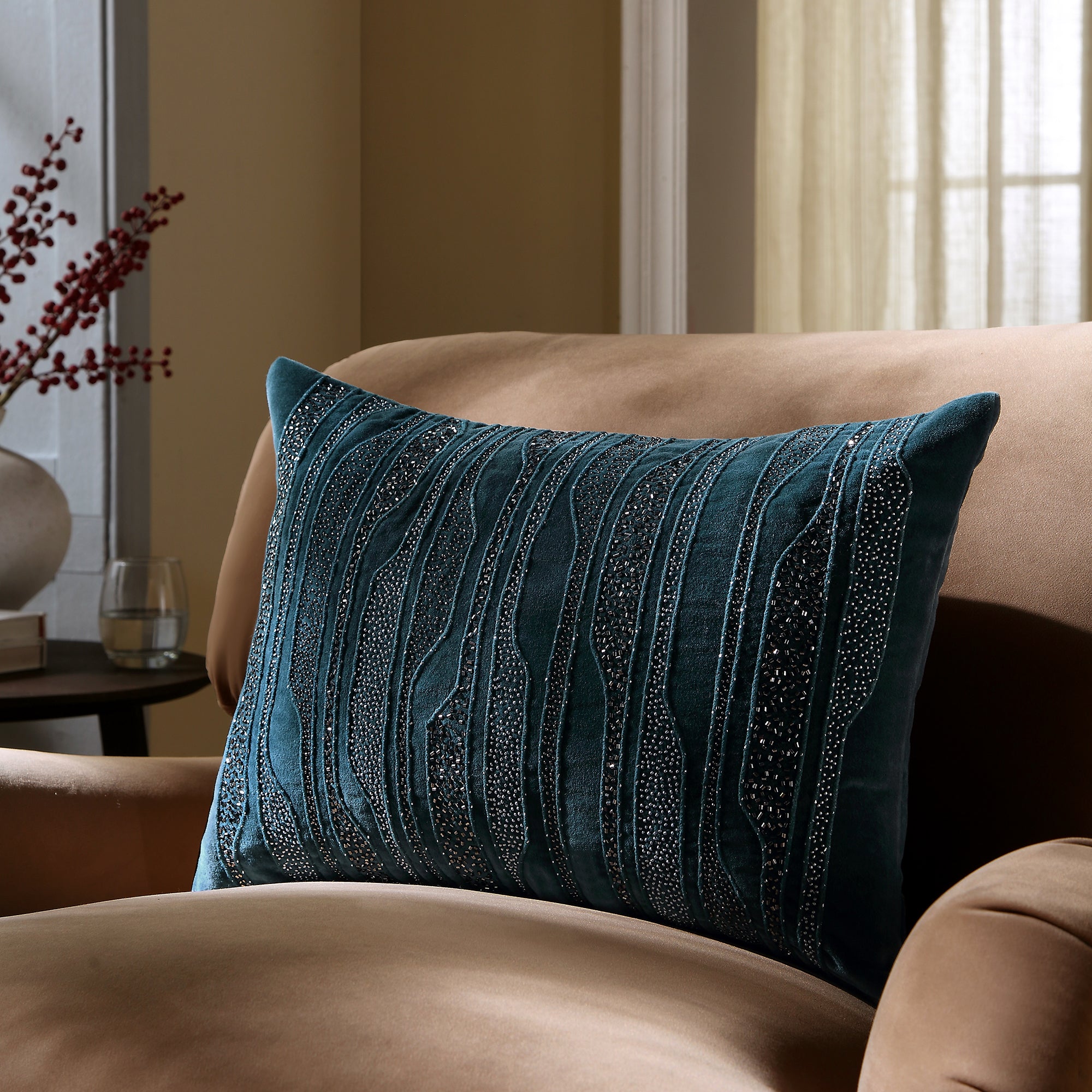 Luxe Collection Zita Beaded Teal Cotton Velvet Cushion