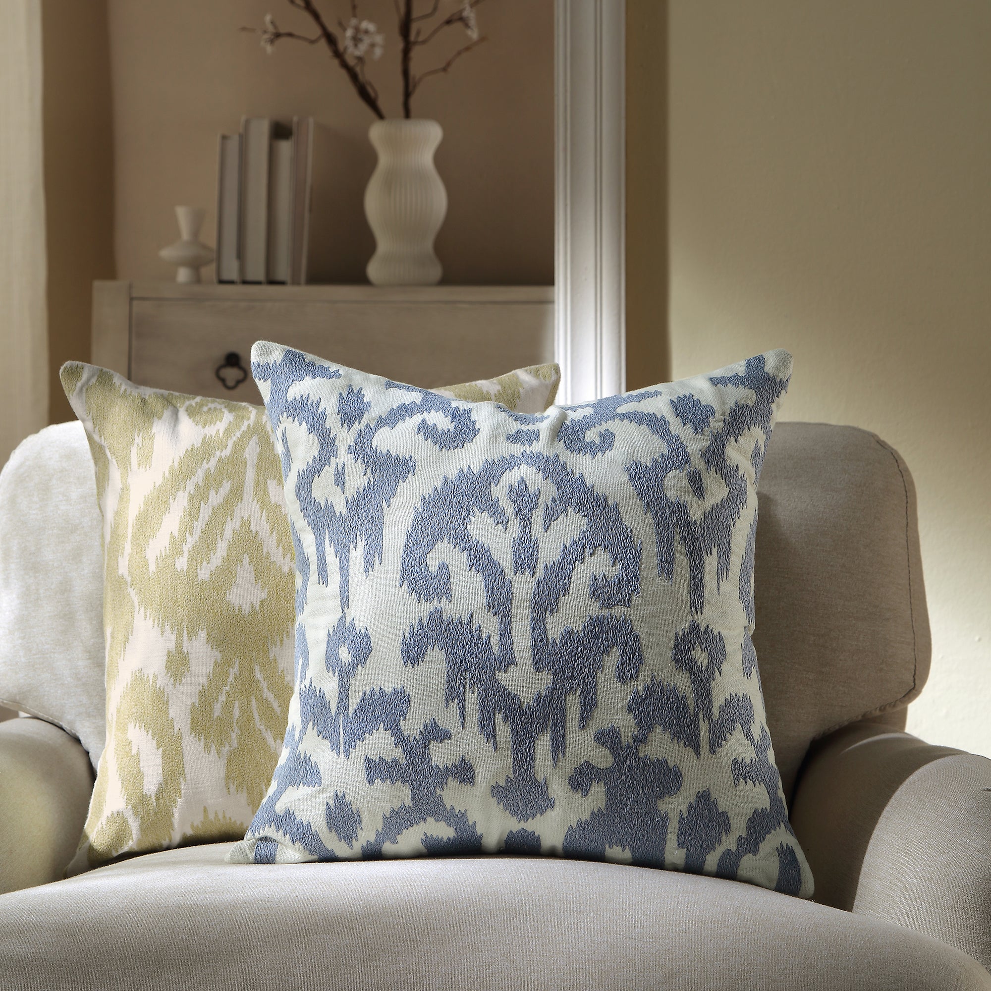 Ikat Collection Dusty Blue Hand Embroidered Cushion