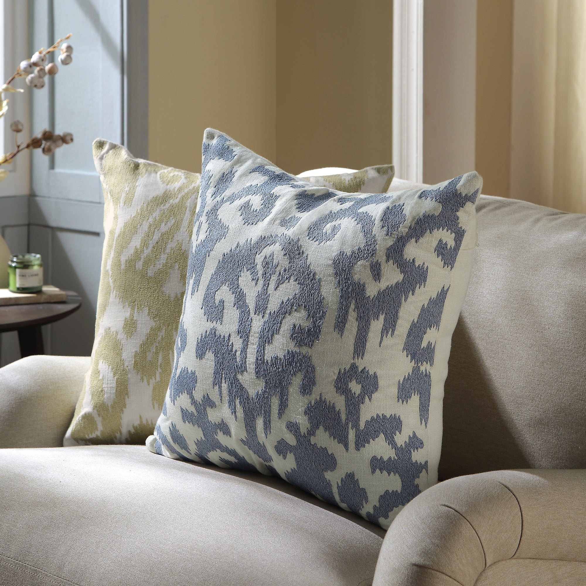 Ikat Collection Dusty Blue Hand Embroidered Cushion