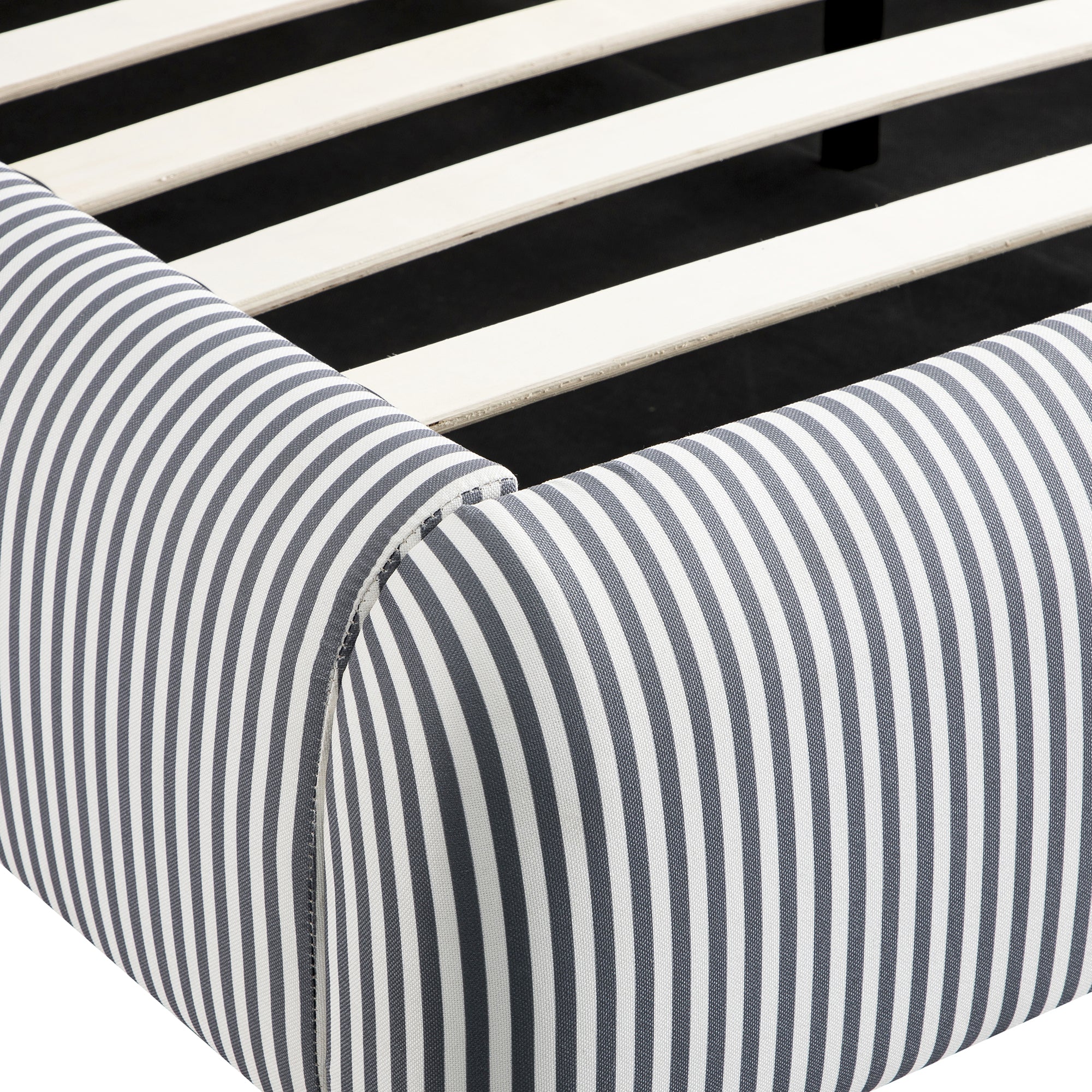 Egerie Curved Headboard Slate Blue Striped Fabric Ottoman Storage Bed