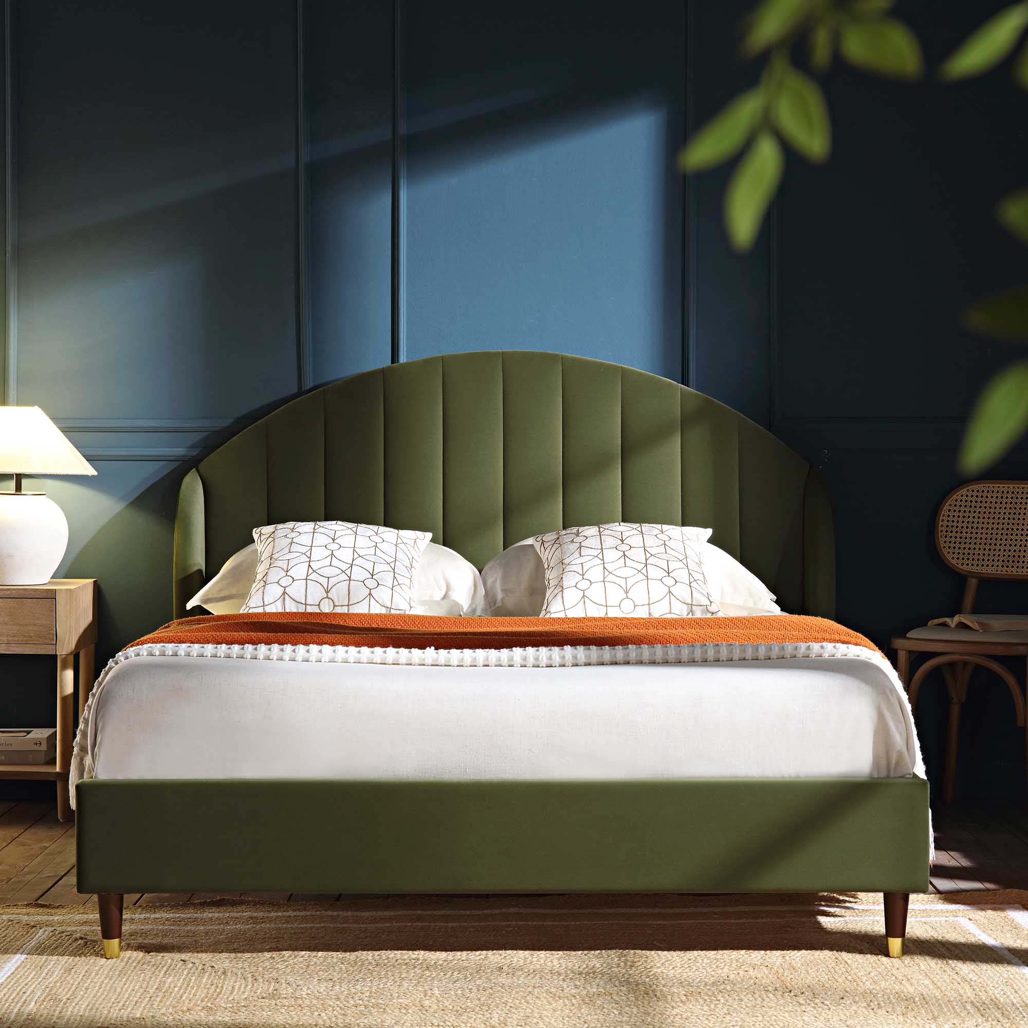 Eleanor Moss Green Velvet Upholstered Bed Frame with Domed Headboard