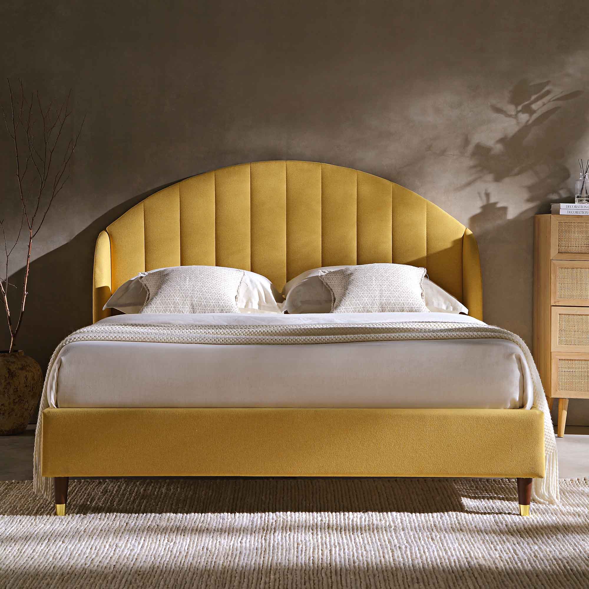 Eleanor Sunflower Yellow Fabric Upholstered Bed Frame with Domed Headboard