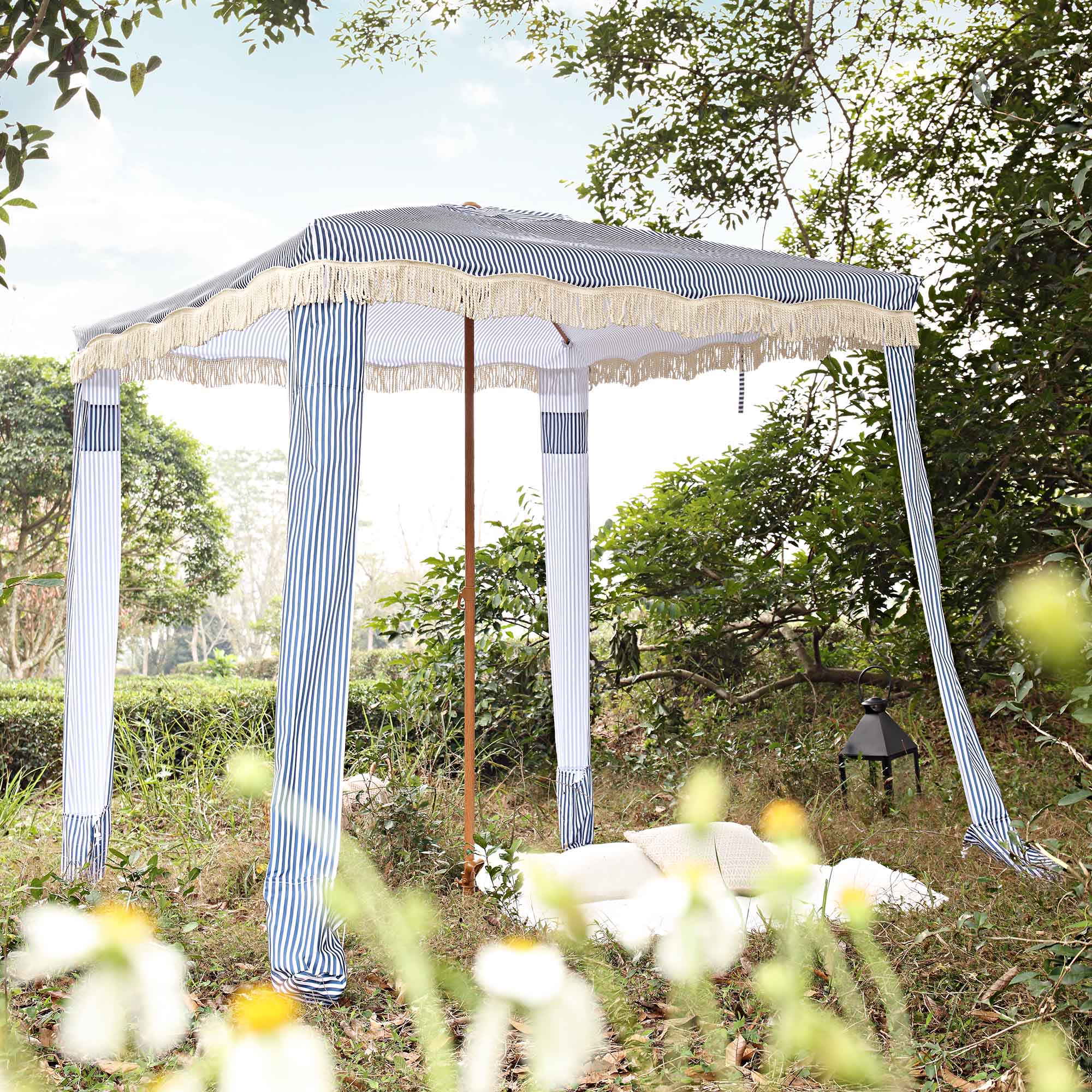 Gabriel Blue and White Striped Fringed Cabana