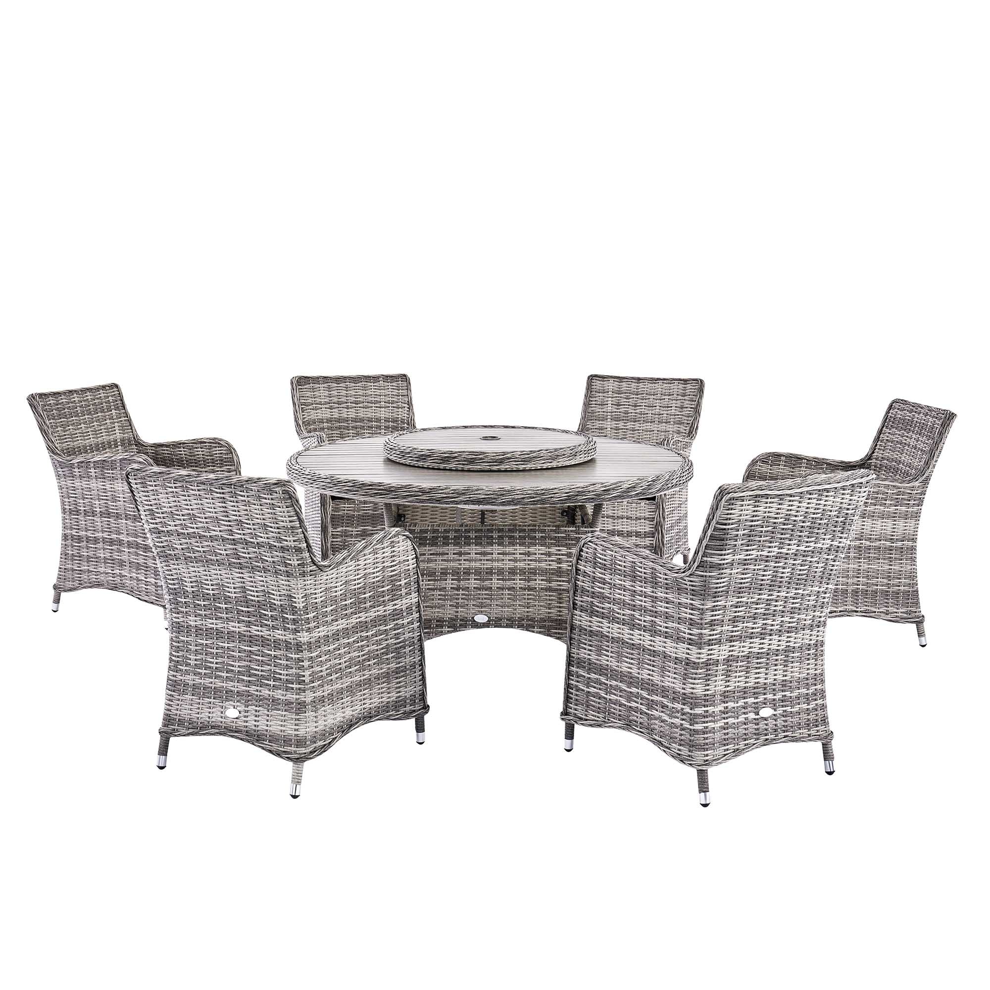 Hampshire 6-Seater Round Wicker Rattan Dining Set with Lazy Susan & Ice Bucket, Light Grey
