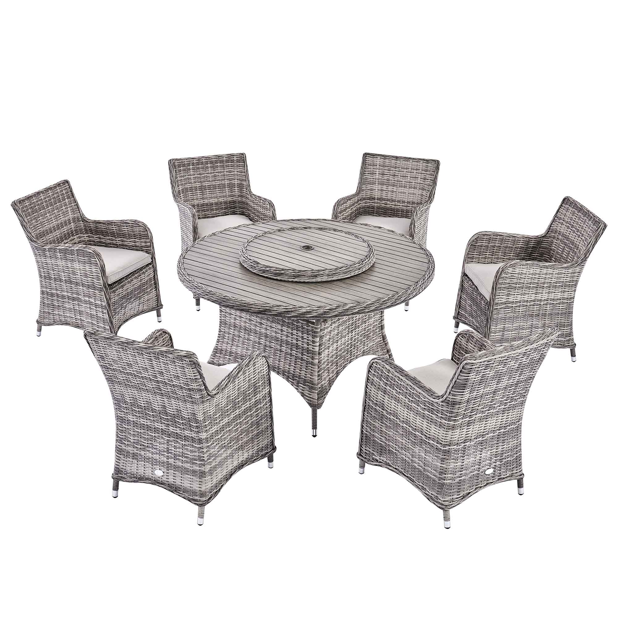 Hampshire 6-Seater Round Wicker Rattan Dining Set with Lazy Susan & Ice Bucket, Light Grey
