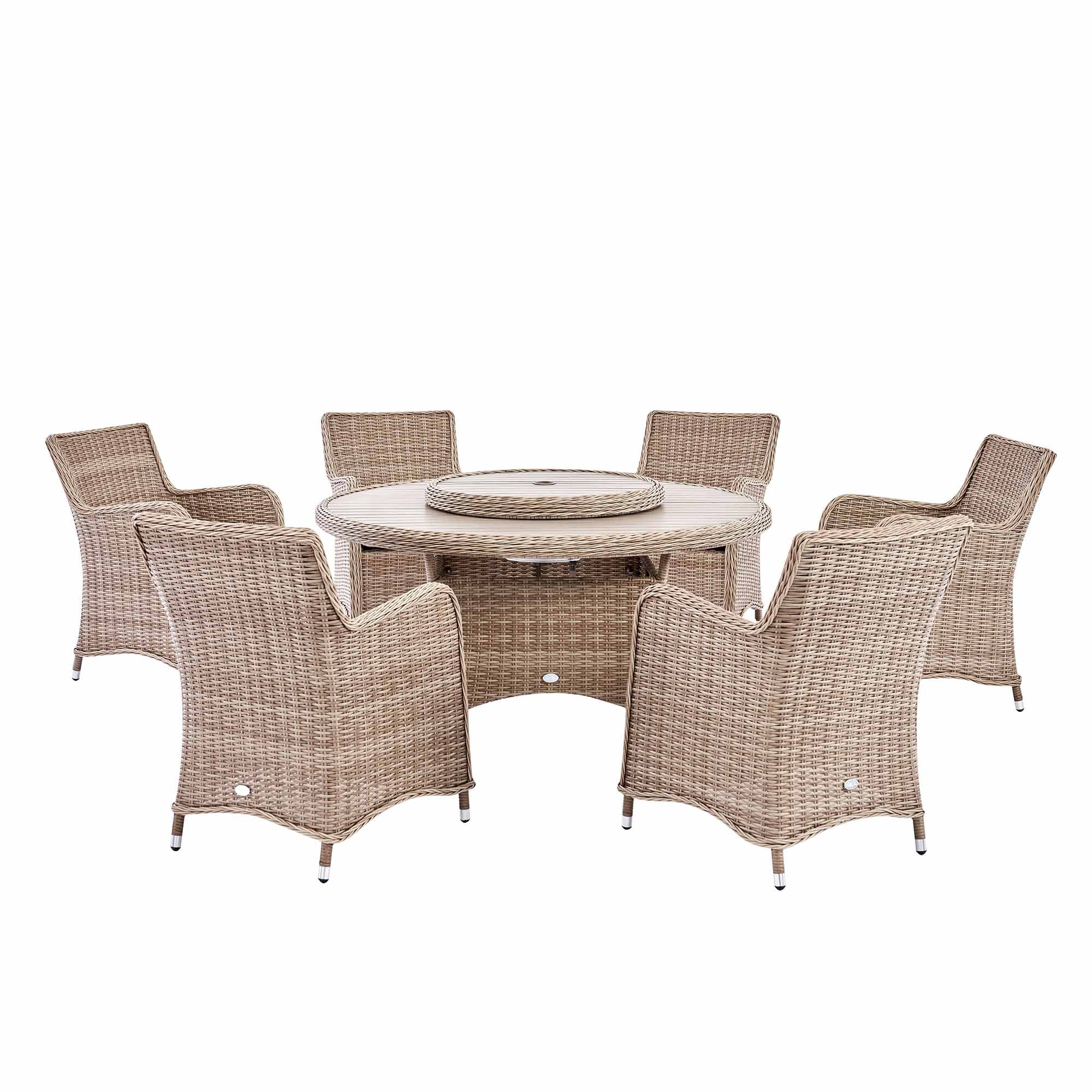 Hampshire 6-Seater Round Wicker Rattan Dining Set with Lazy Susan & Ice Bucket, Natural