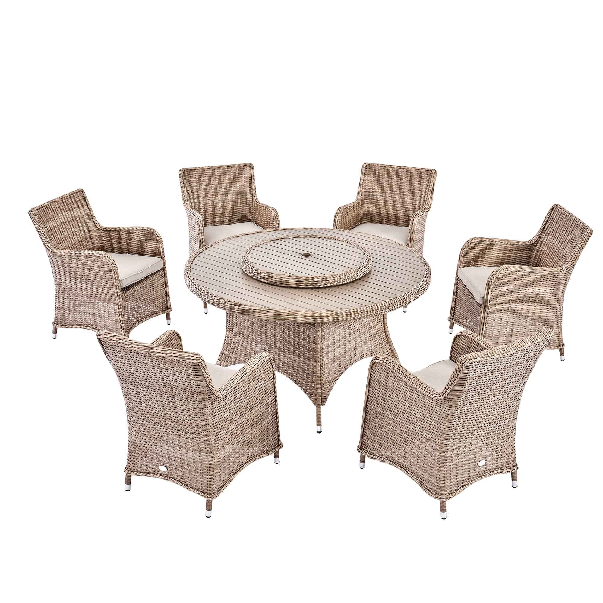 Hampshire 6-Seater Round Wicker Rattan Dining Set with Lazy Susan & Ice Bucket, Natural