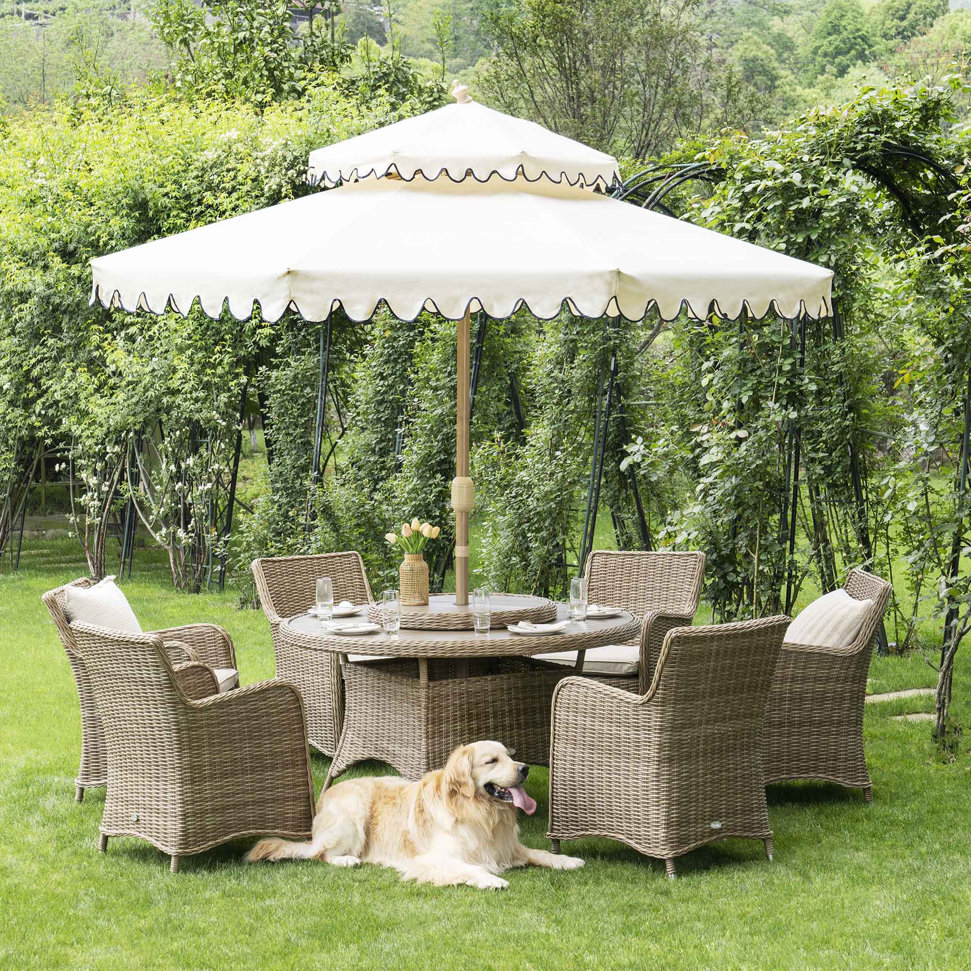 Hampshire 6-Seater Round Wicker Rattan Dining Set with Lazy Susan & Ice Bucket, Natural