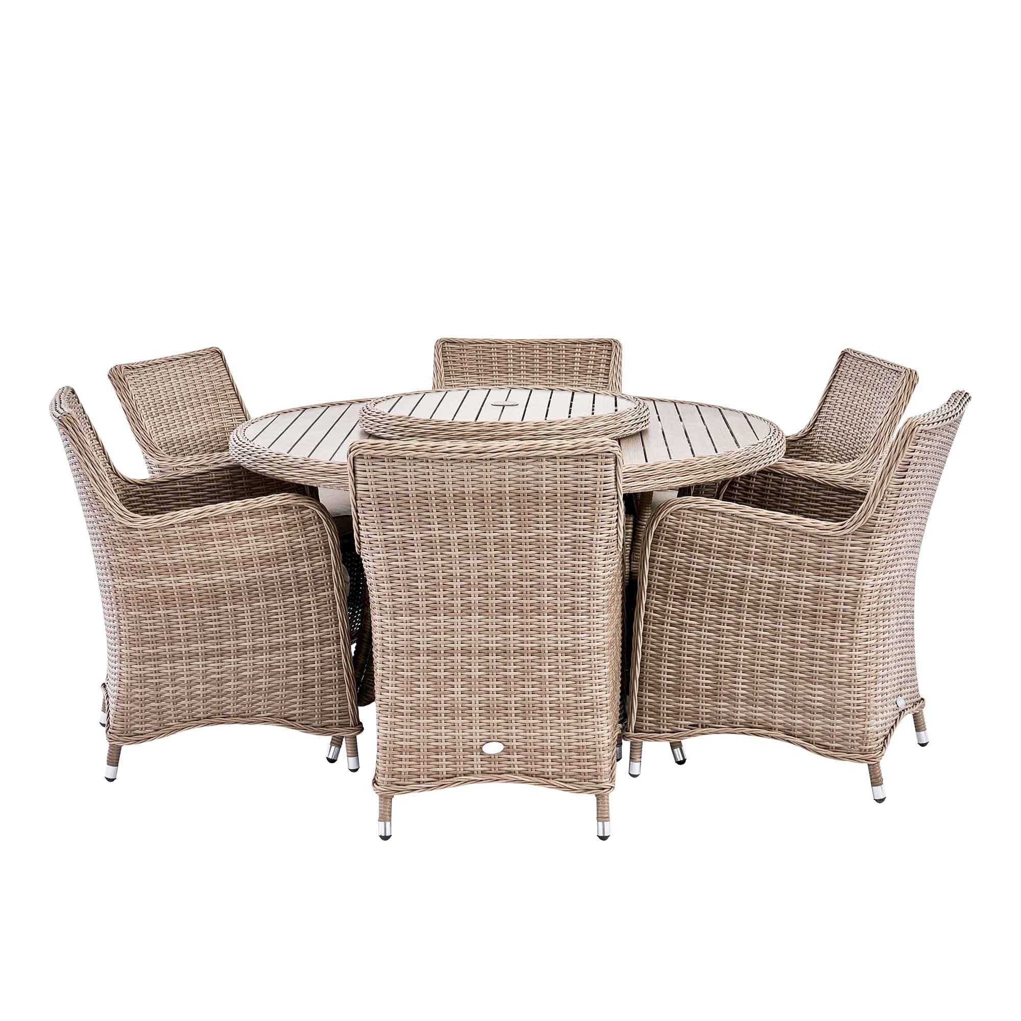 Hampshire 6-Seater Round Wicker Rattan Dining Set with Lazy Susan & Ice Bucket, Natural