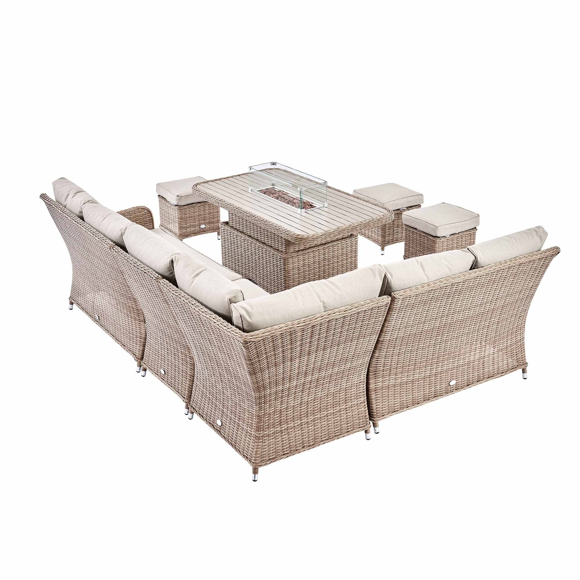 Hampshire Large Corner Round Wicker Rattan Casual Dining Set with Rising Firepit Table, Natural