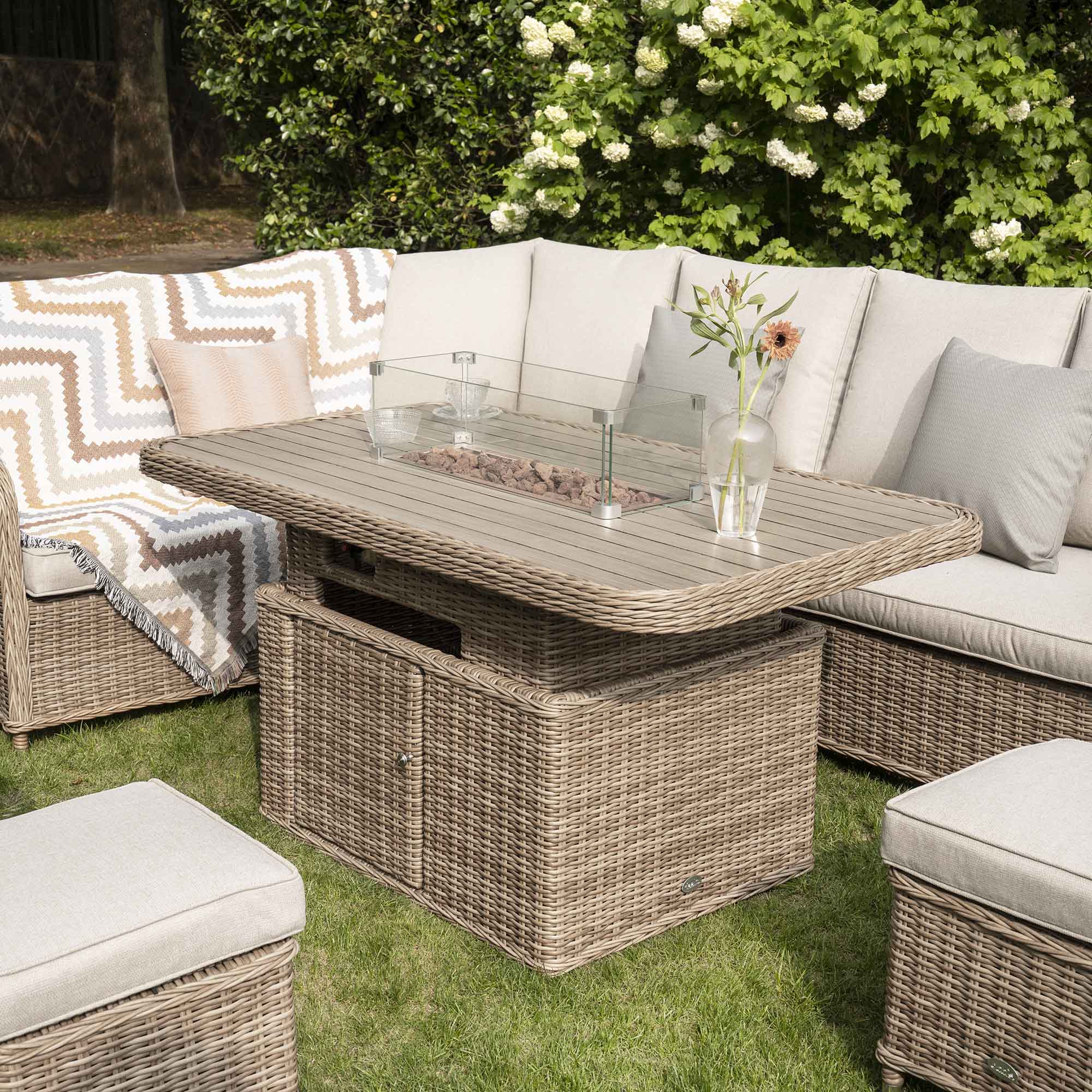 Hampshire Large Corner Round Wicker Rattan Casual Dining Set with Rising Firepit Table, Natural