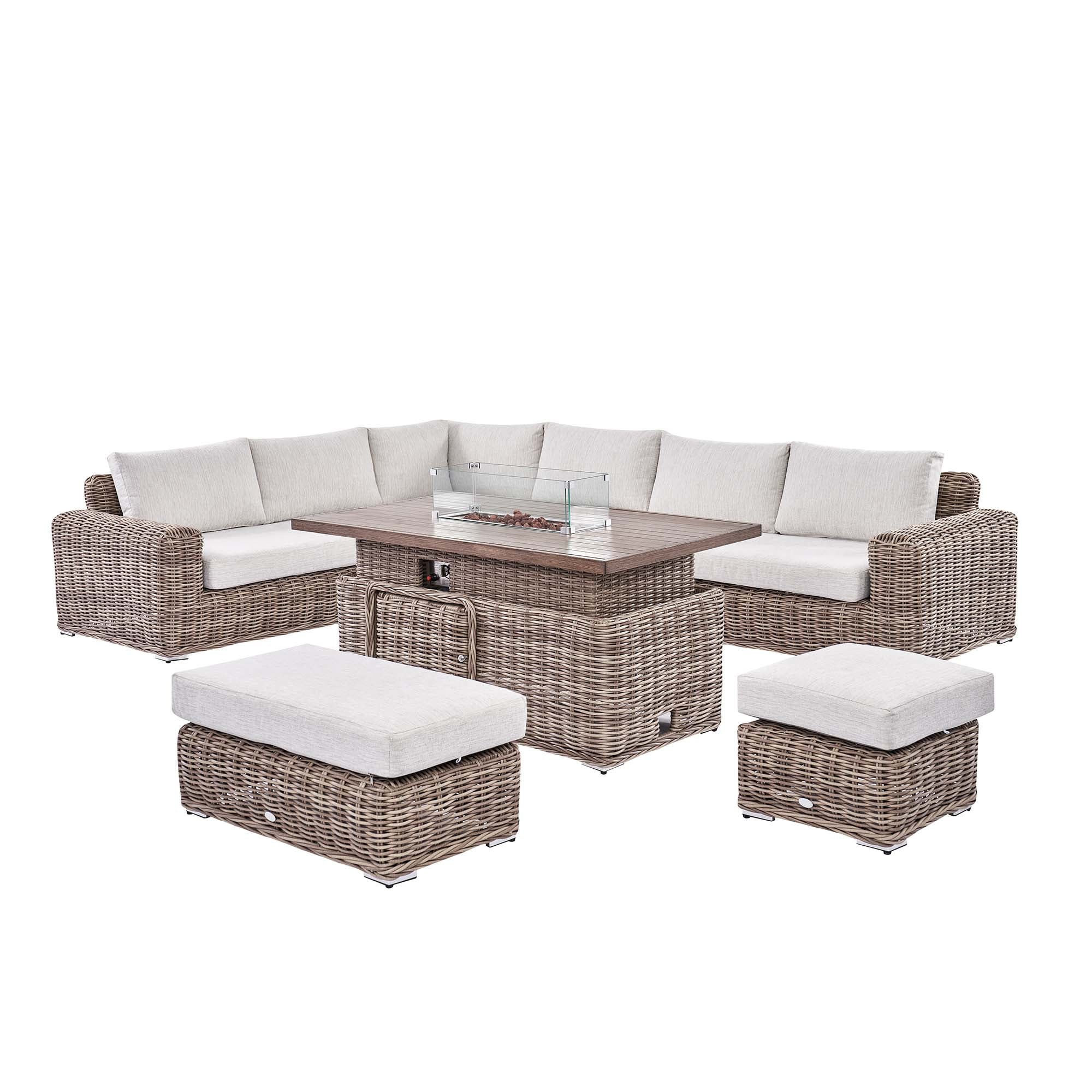 Bellagio Round Wicker Large Corner Casual Dining Set with Rising Firepit Table, Natural