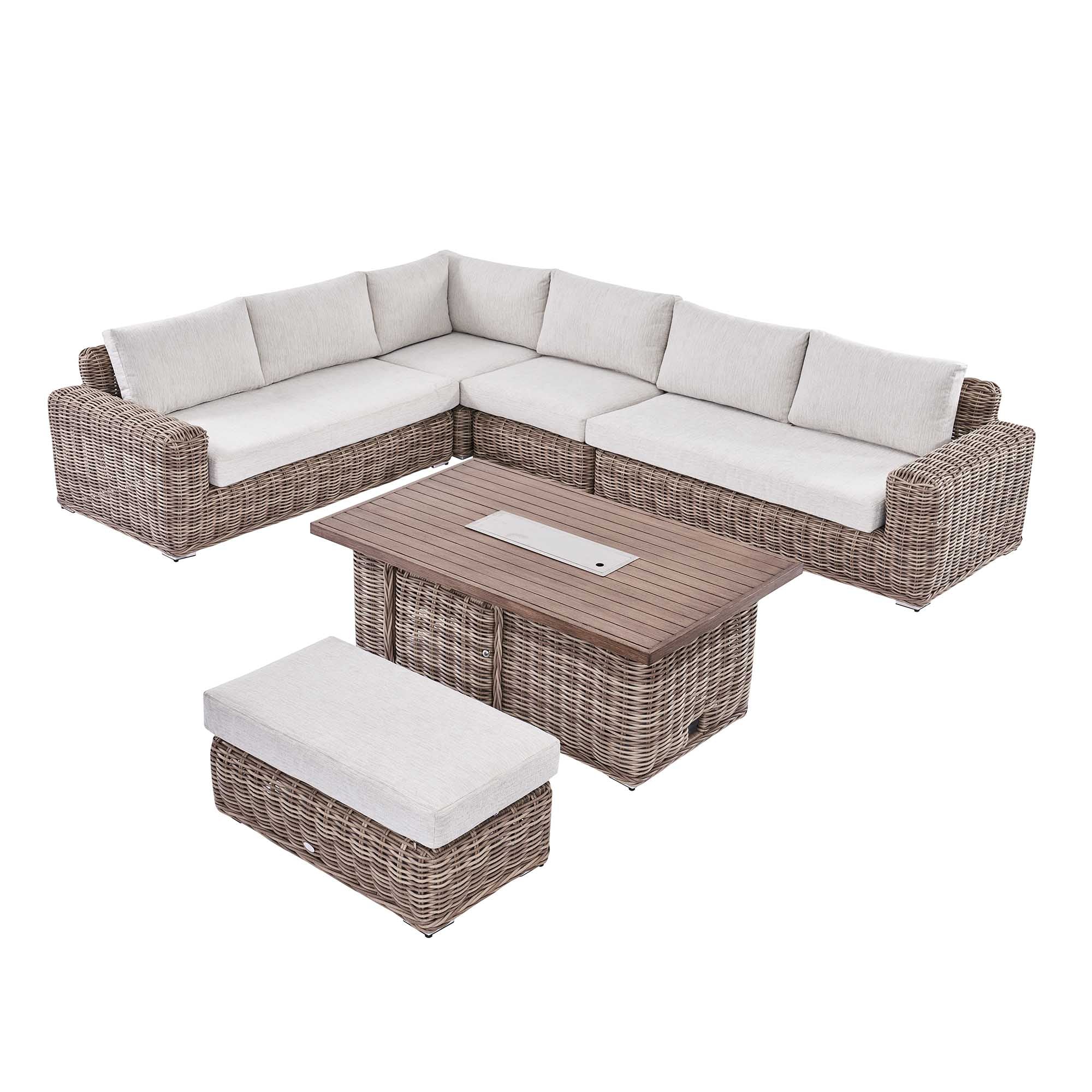 Bellagio Round Wicker Large Corner Casual Dining Set with Rising Firepit Table, Natural