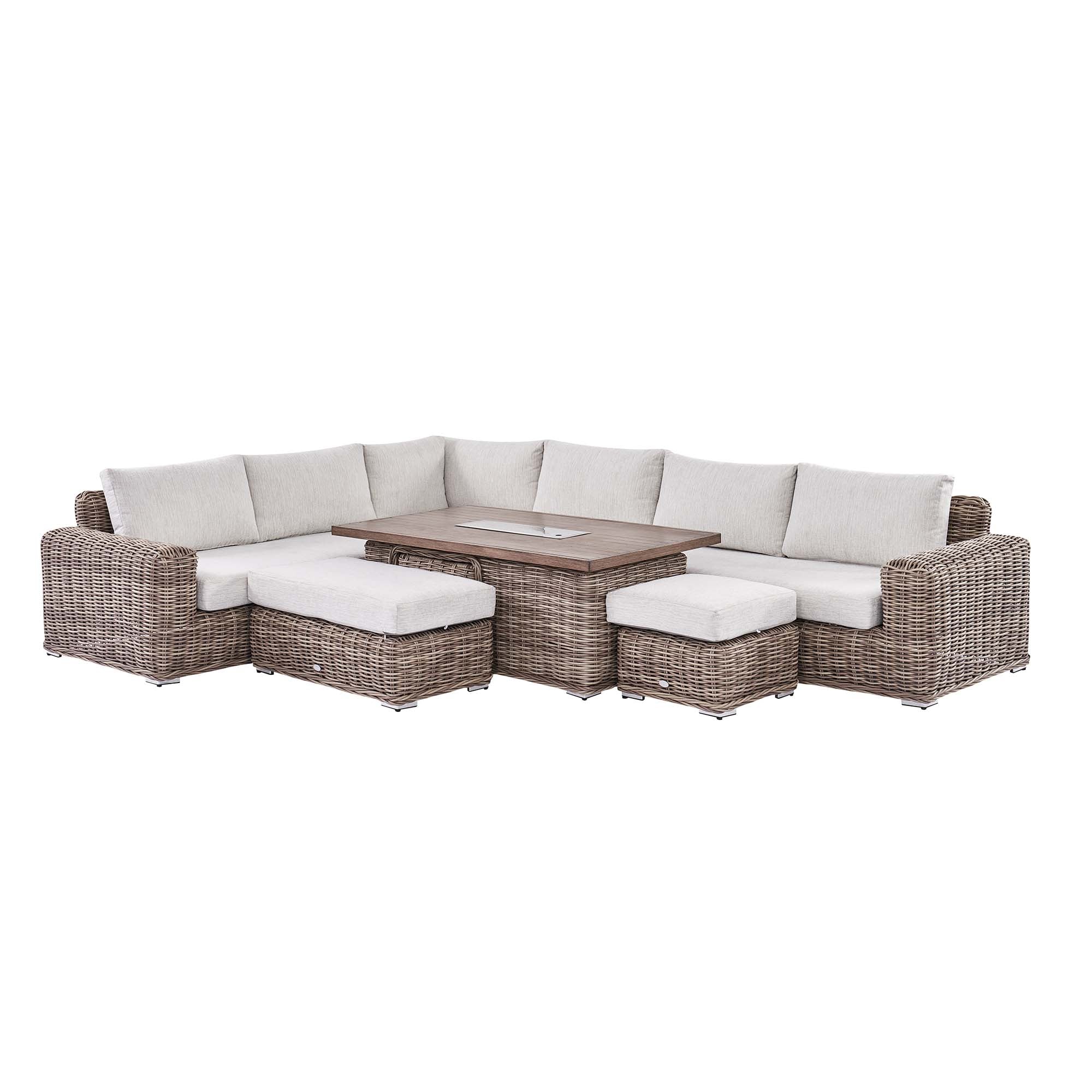 Bellagio Round Wicker Large Corner Casual Dining Set with Rising Firepit Table, Natural