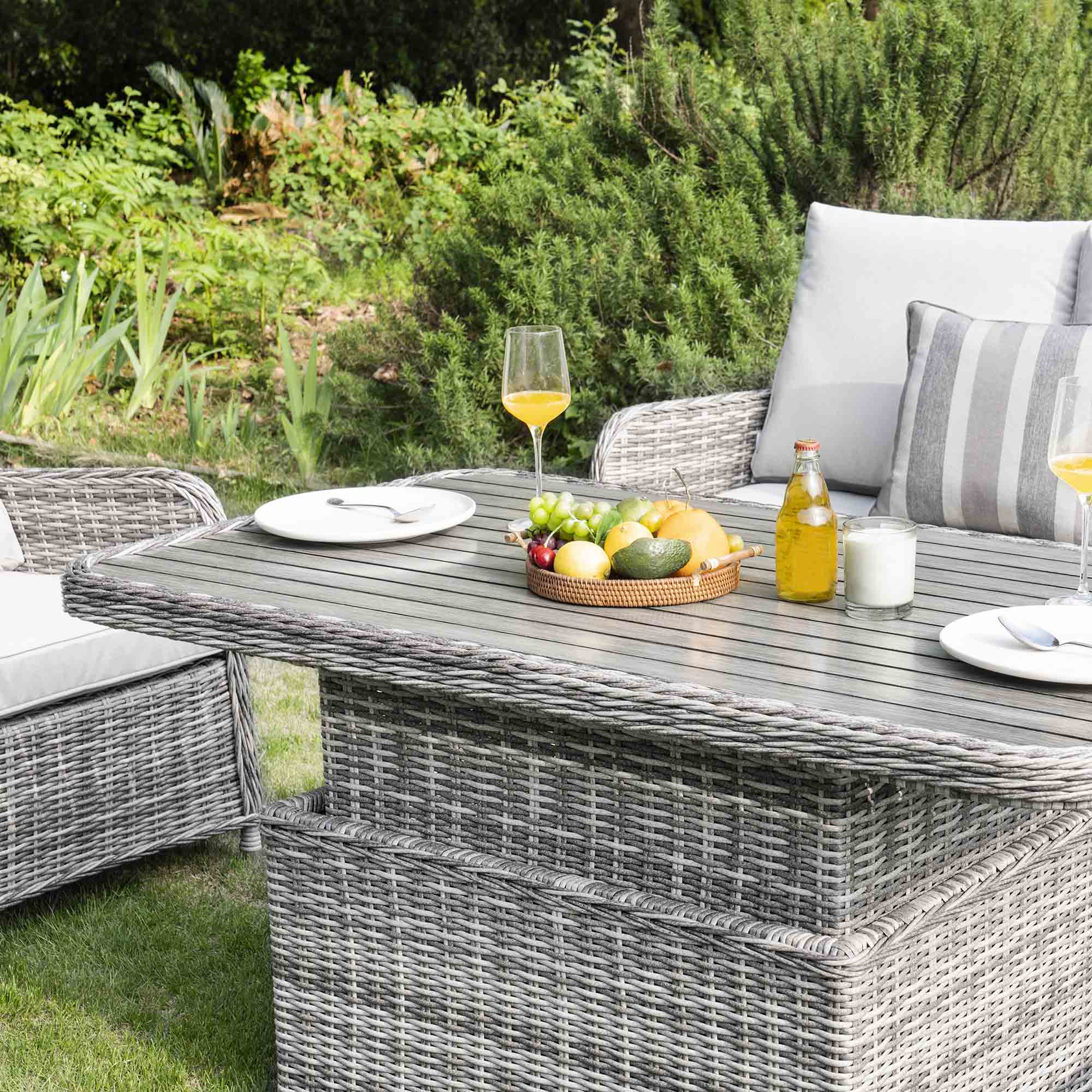 Hampshire 7-Seater Round Wicker Rattan Sofa Set with Rising Table, Light Grey