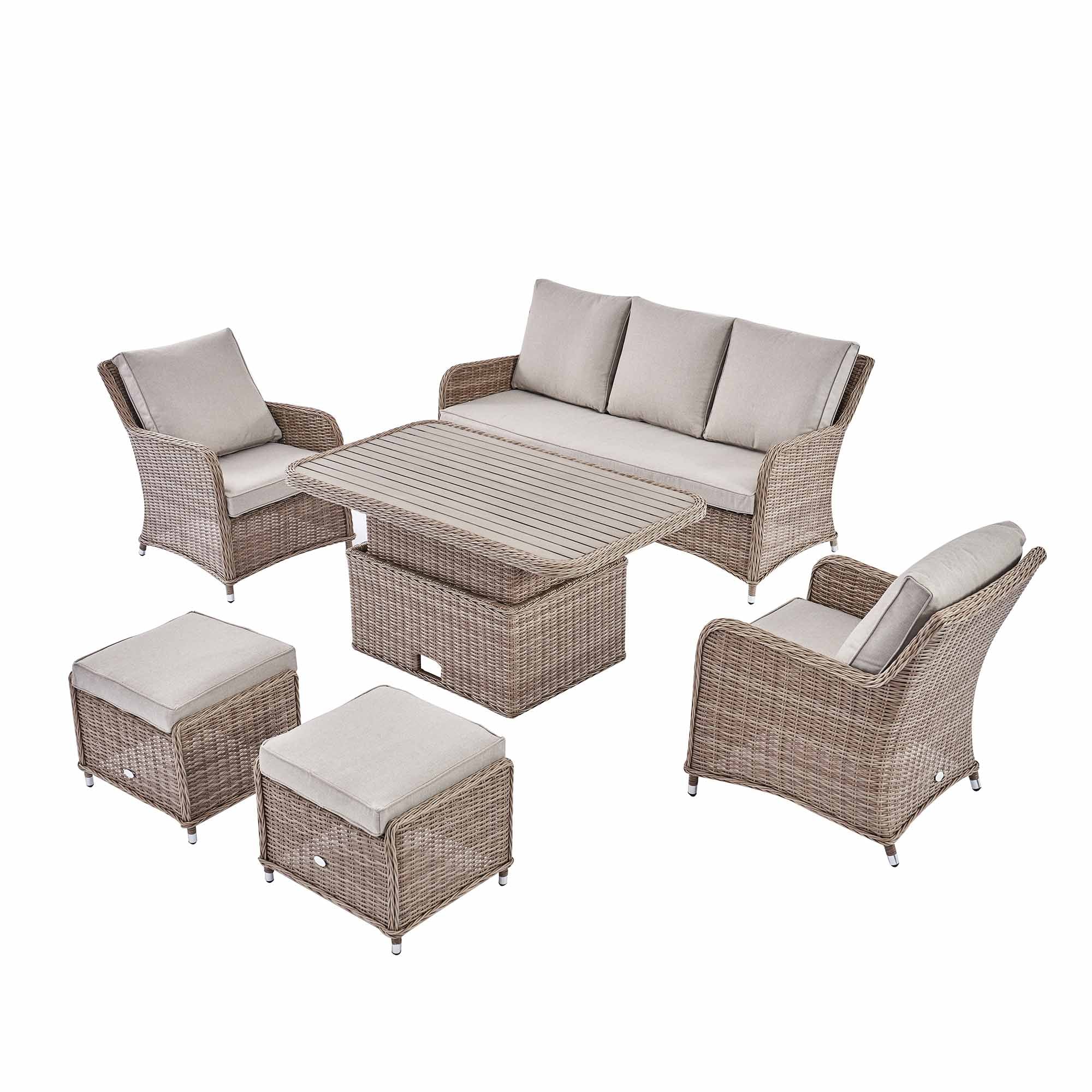 Hampshire 7-Seater Round Wicker Rattan Sofa Set with Rising Table, Natural