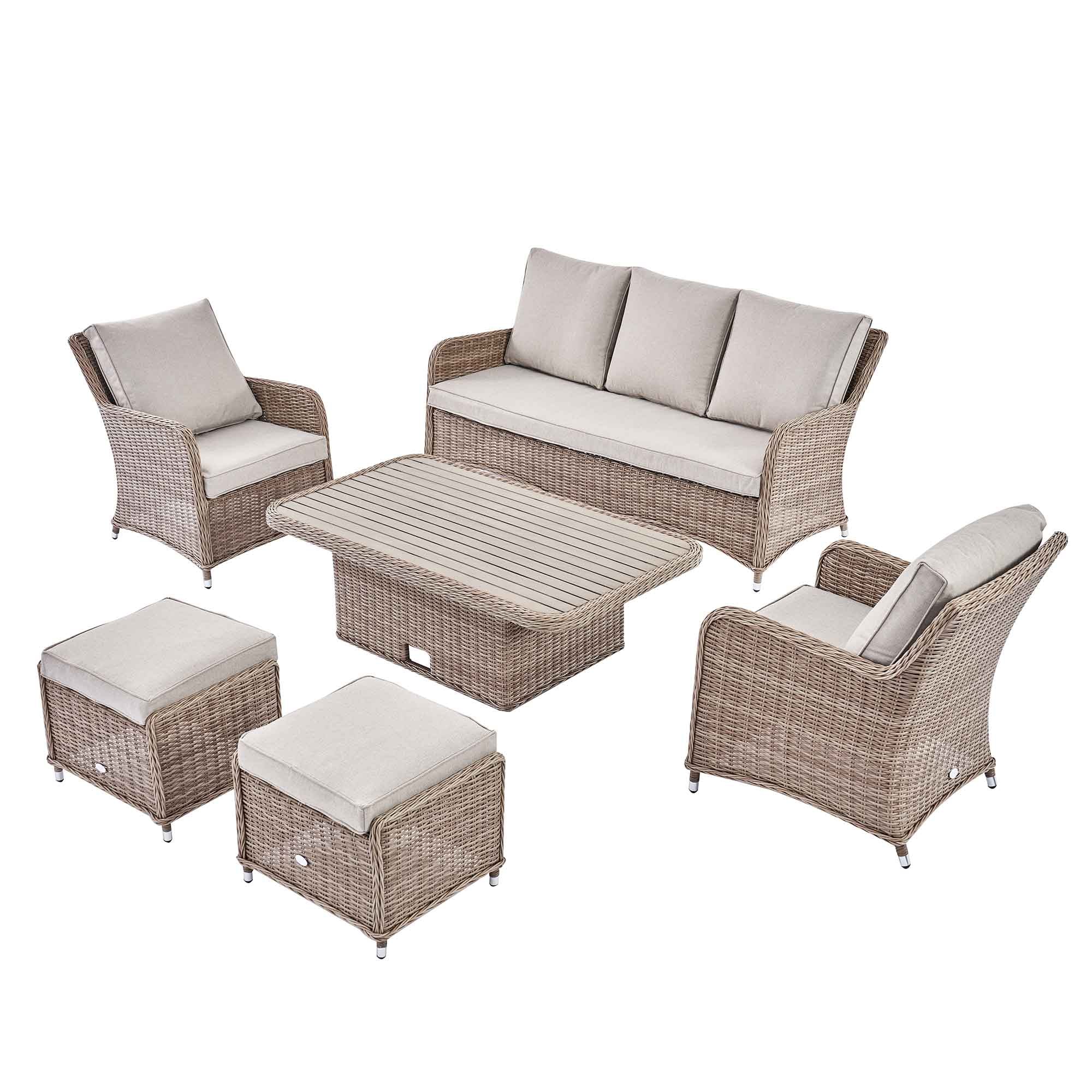 Hampshire 7-Seater Round Wicker Rattan Sofa Set with Rising Table, Natural