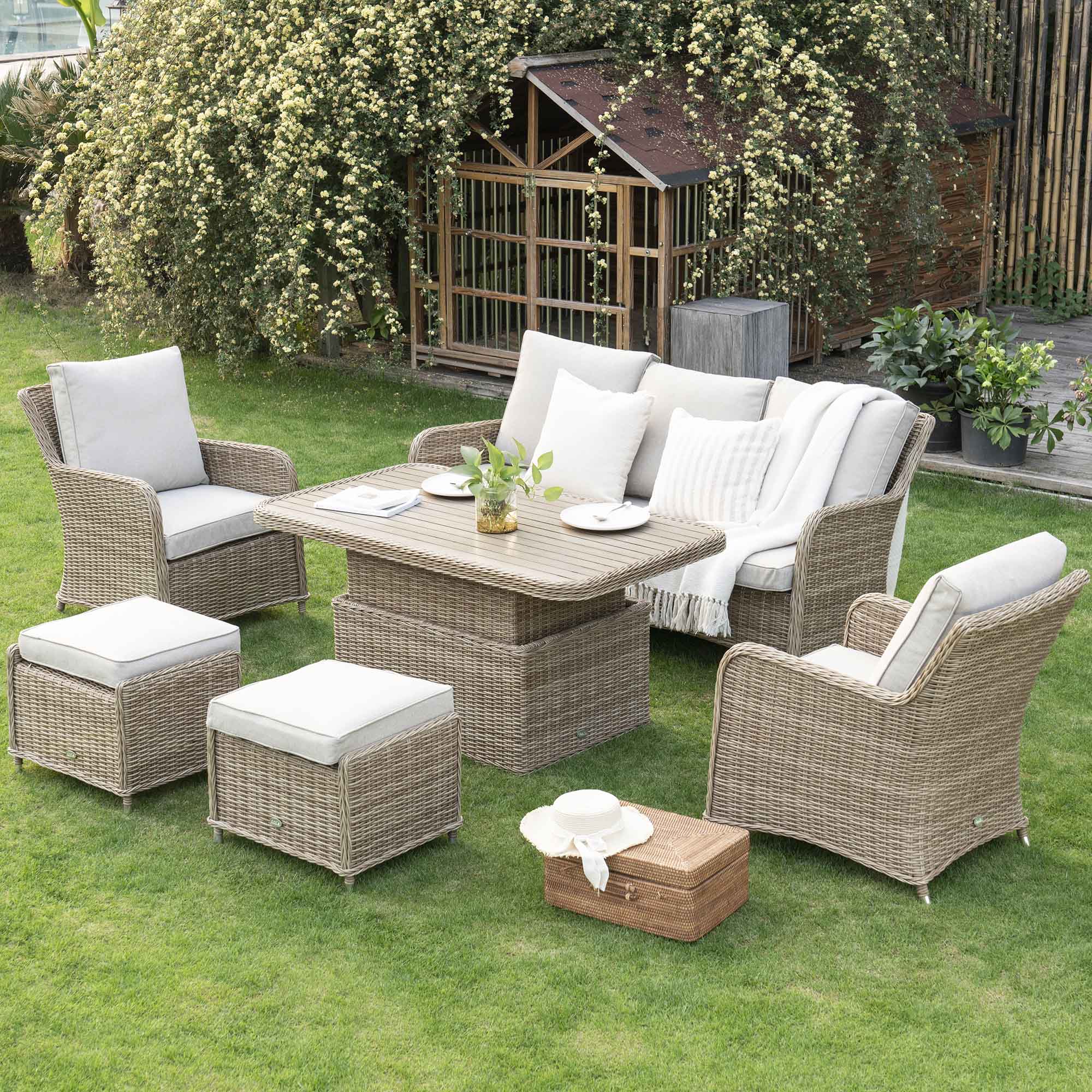 Hampshire 7-Seater Round Wicker Rattan Sofa Set with Rising Table, Natural