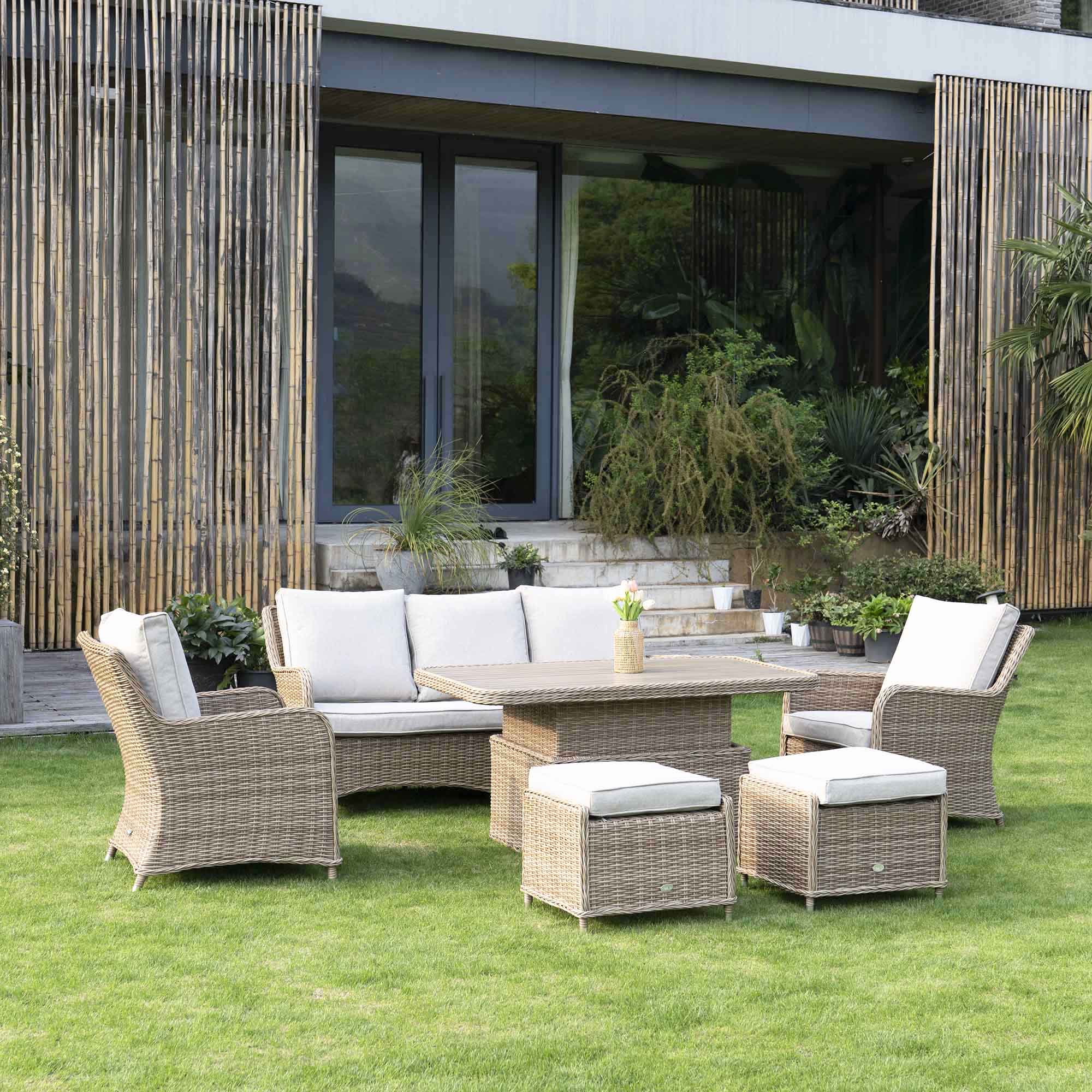 Hampshire 7-Seater Round Wicker Rattan Sofa Set with Rising Table, Natural