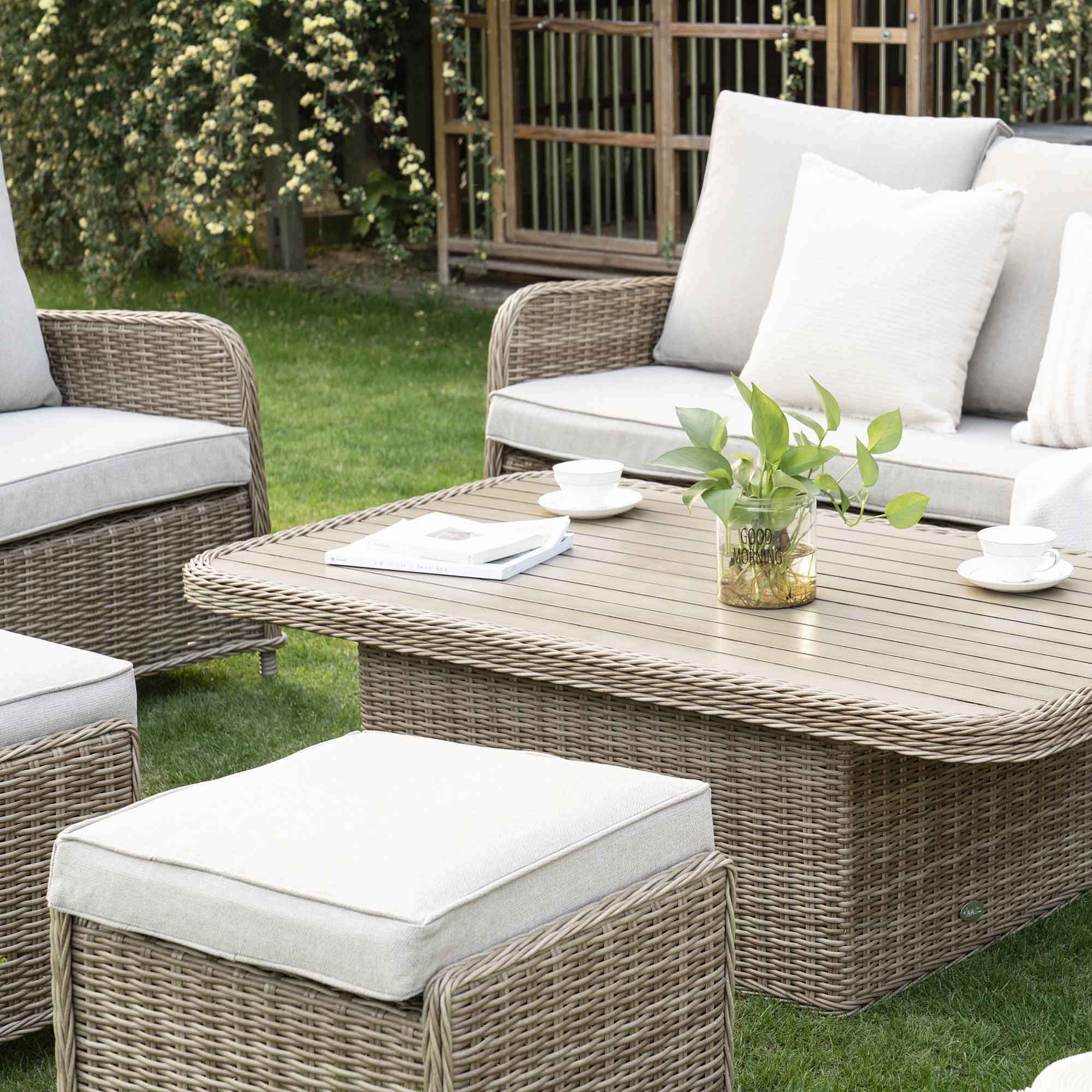 Hampshire 7-Seater Round Wicker Rattan Sofa Set with Rising Table, Natural