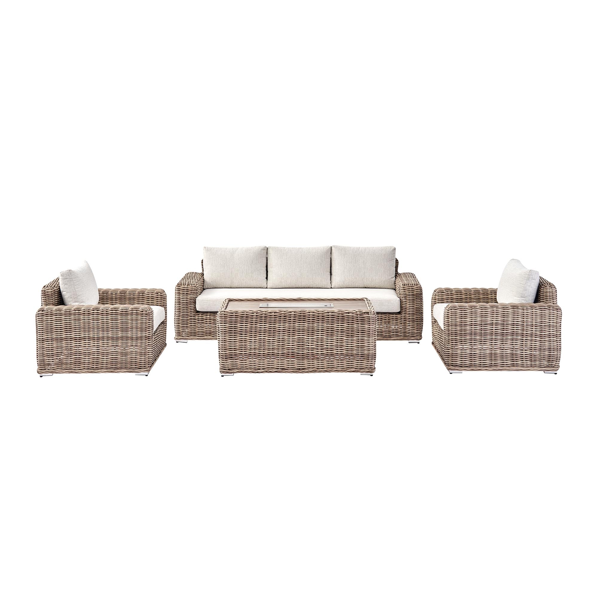 Bellagio Round Wicker Sofa Set with Firepit Coffee Table, Natural