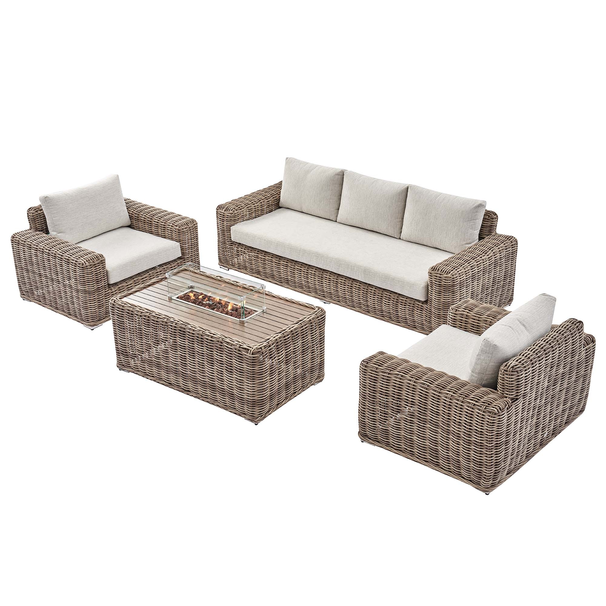 Bellagio Round Wicker Sofa Set with Firepit Coffee Table, Natural