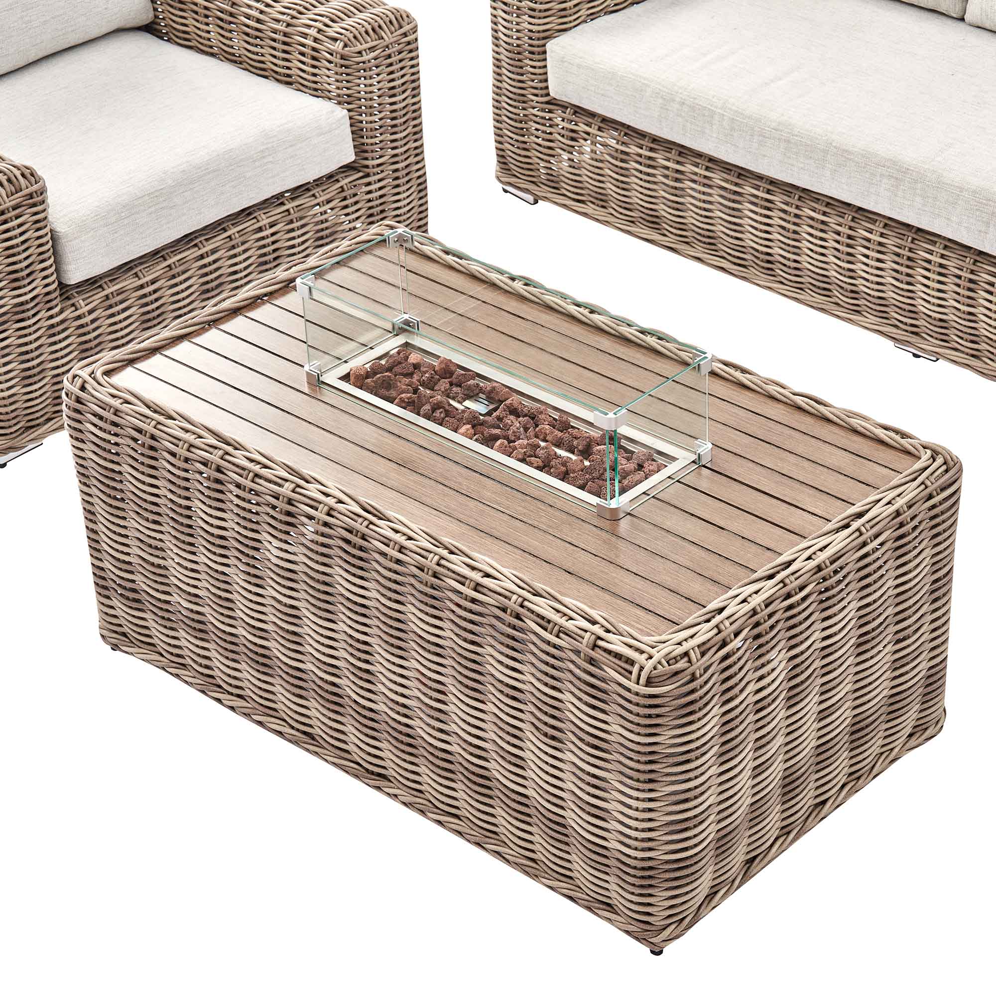 Bellagio Round Wicker Sofa Set with Firepit Coffee Table, Natural