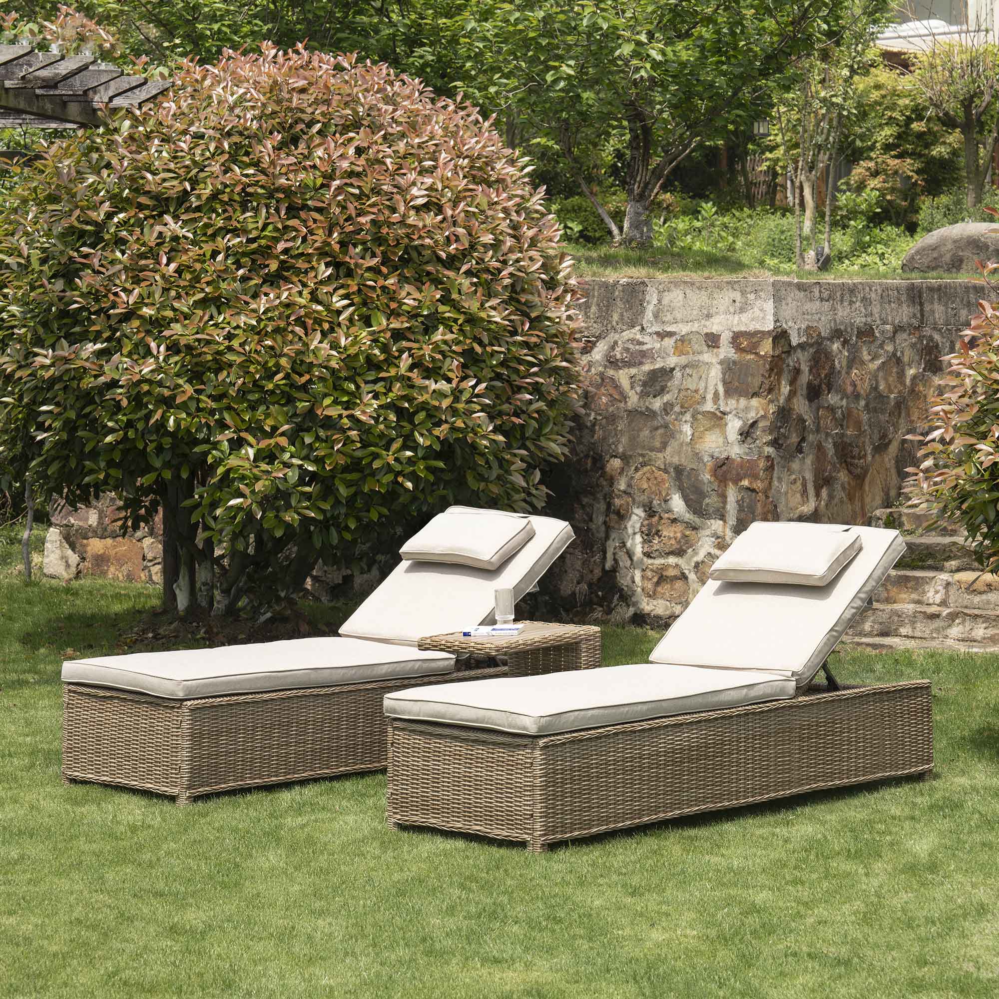 Hampshire Round Wicker Rattan Sun Lounger Set with Side Table, Natural