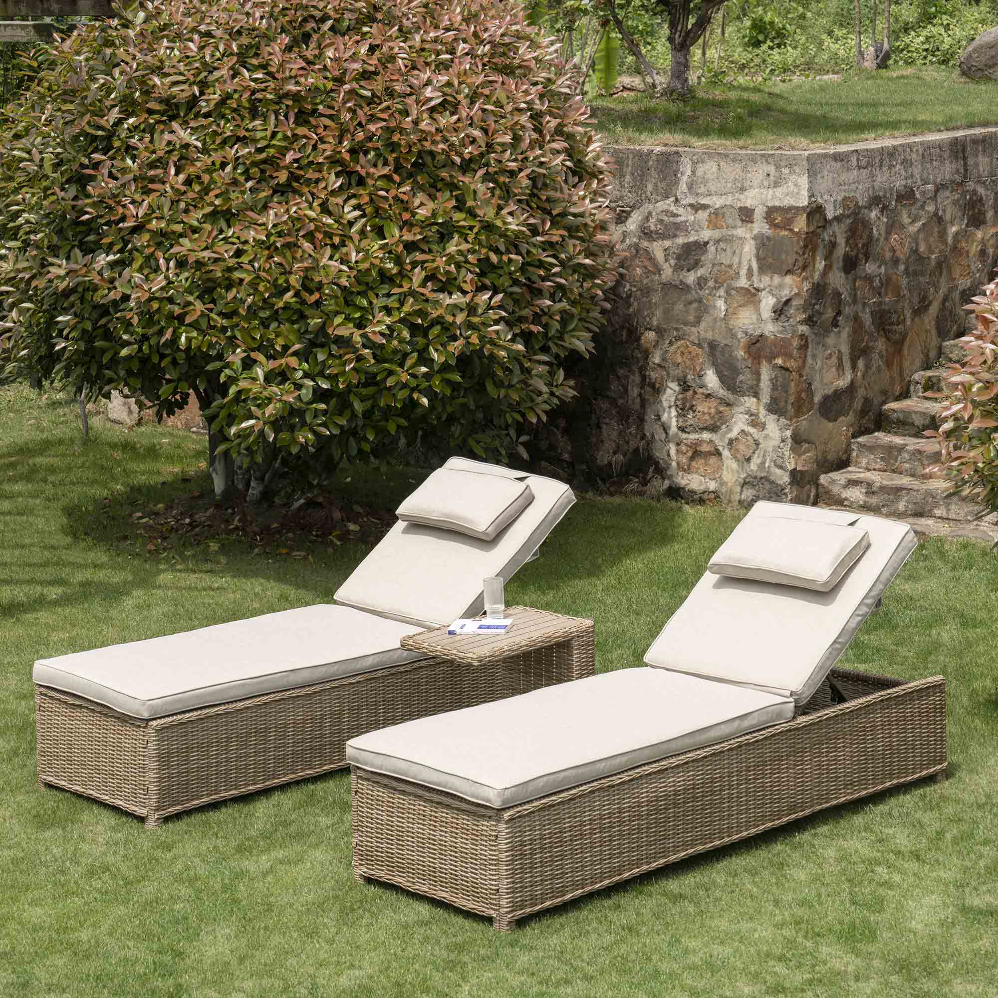 Hampshire Round Wicker Rattan Sun Lounger Set with Side Table, Natural