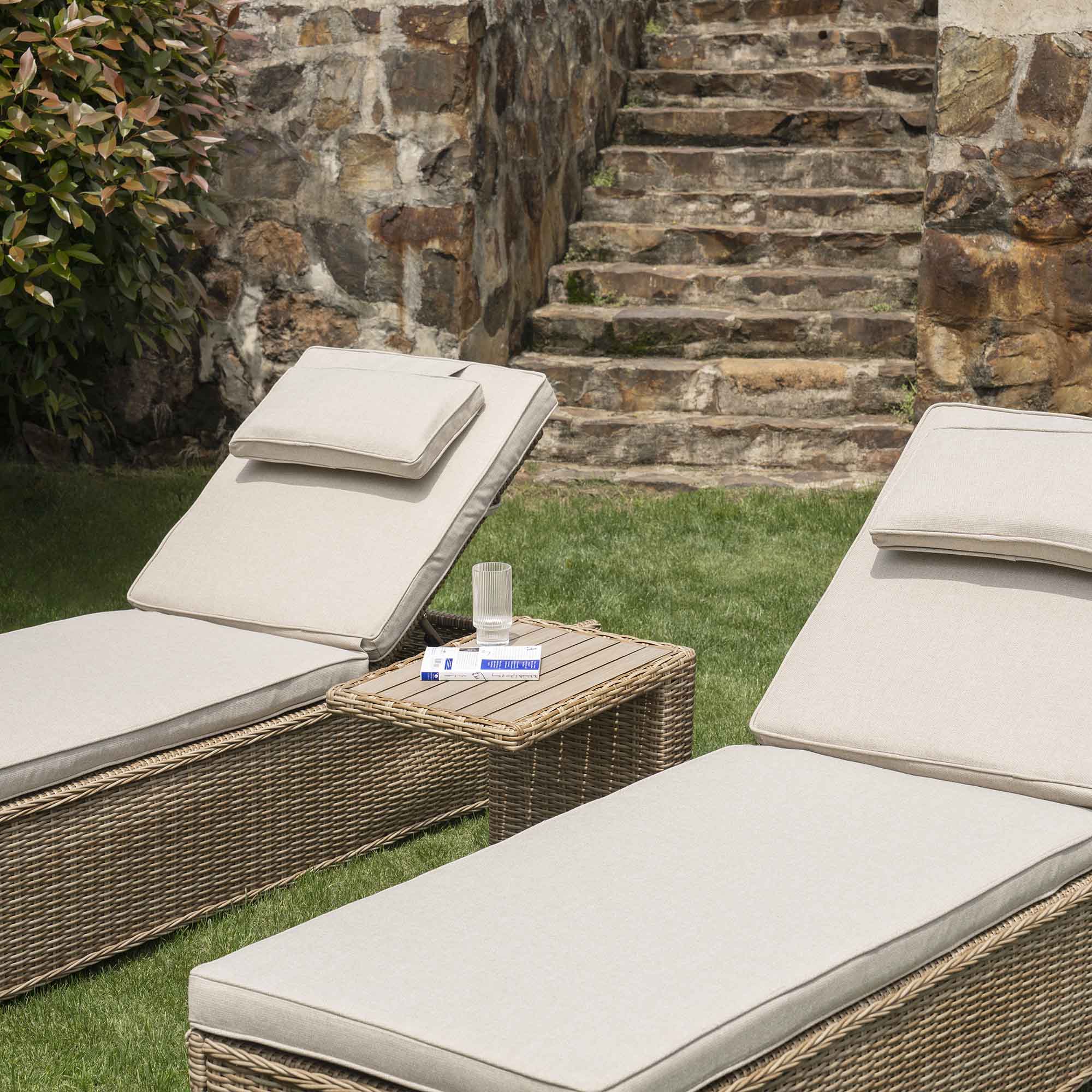 Hampshire Round Wicker Rattan Sun Lounger Set with Side Table, Natural