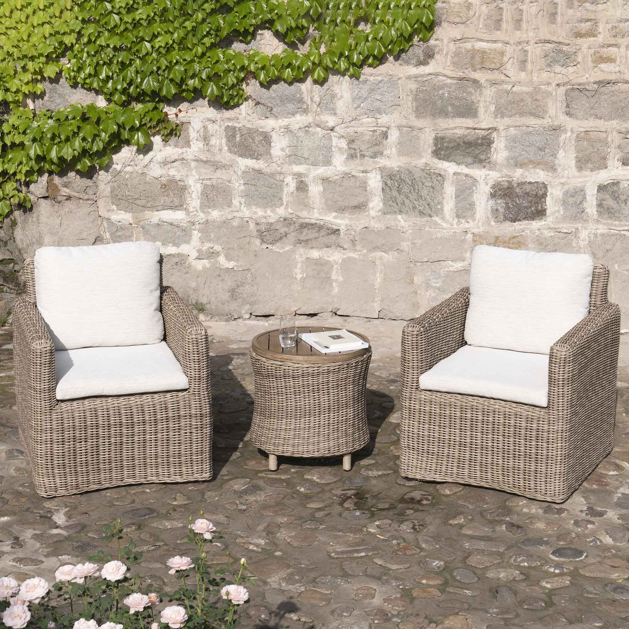 Bellagio Round Wicker Bistro Set with Rising Side Table, Natural