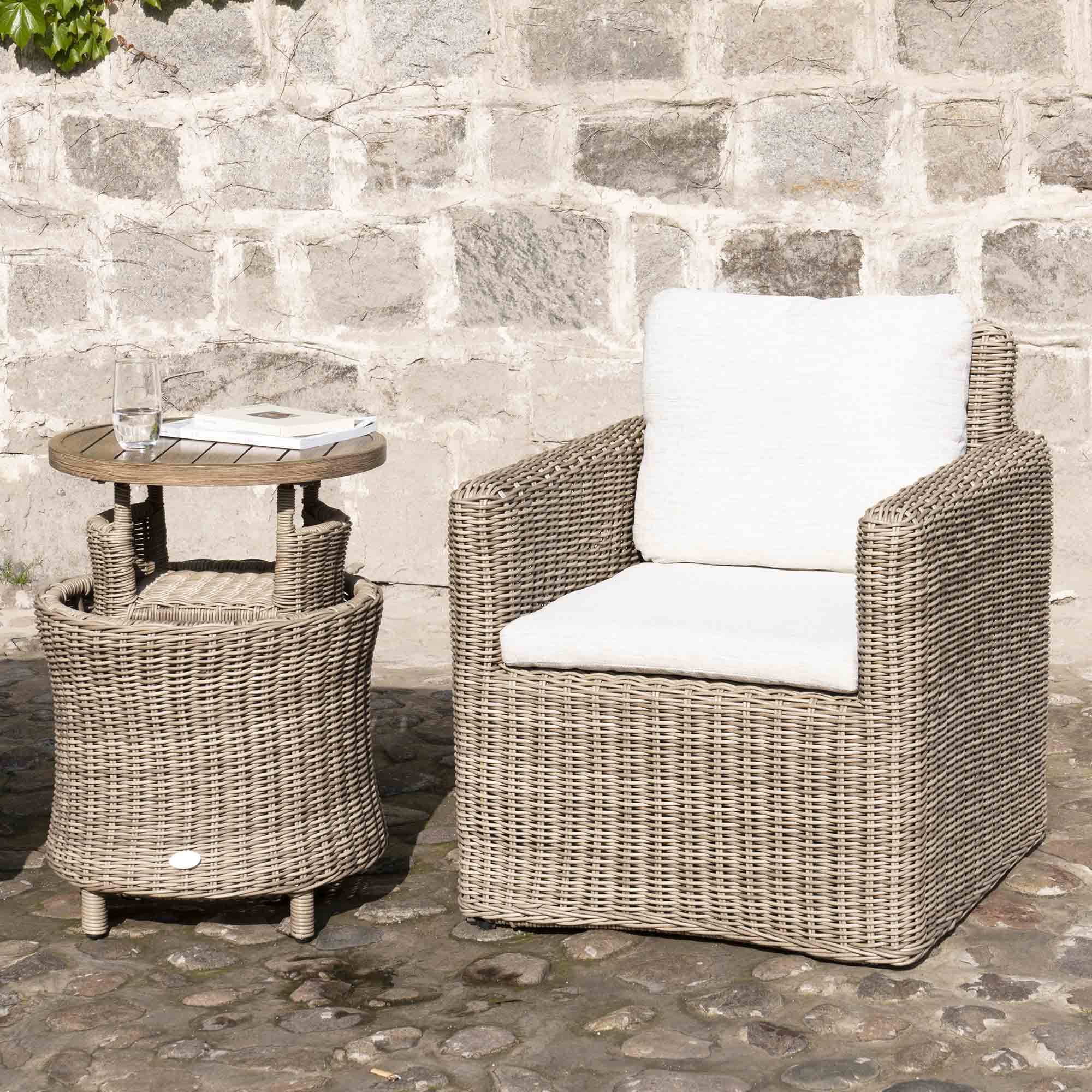 Bellagio Round Wicker Bistro Set with Rising Side Table, Natural