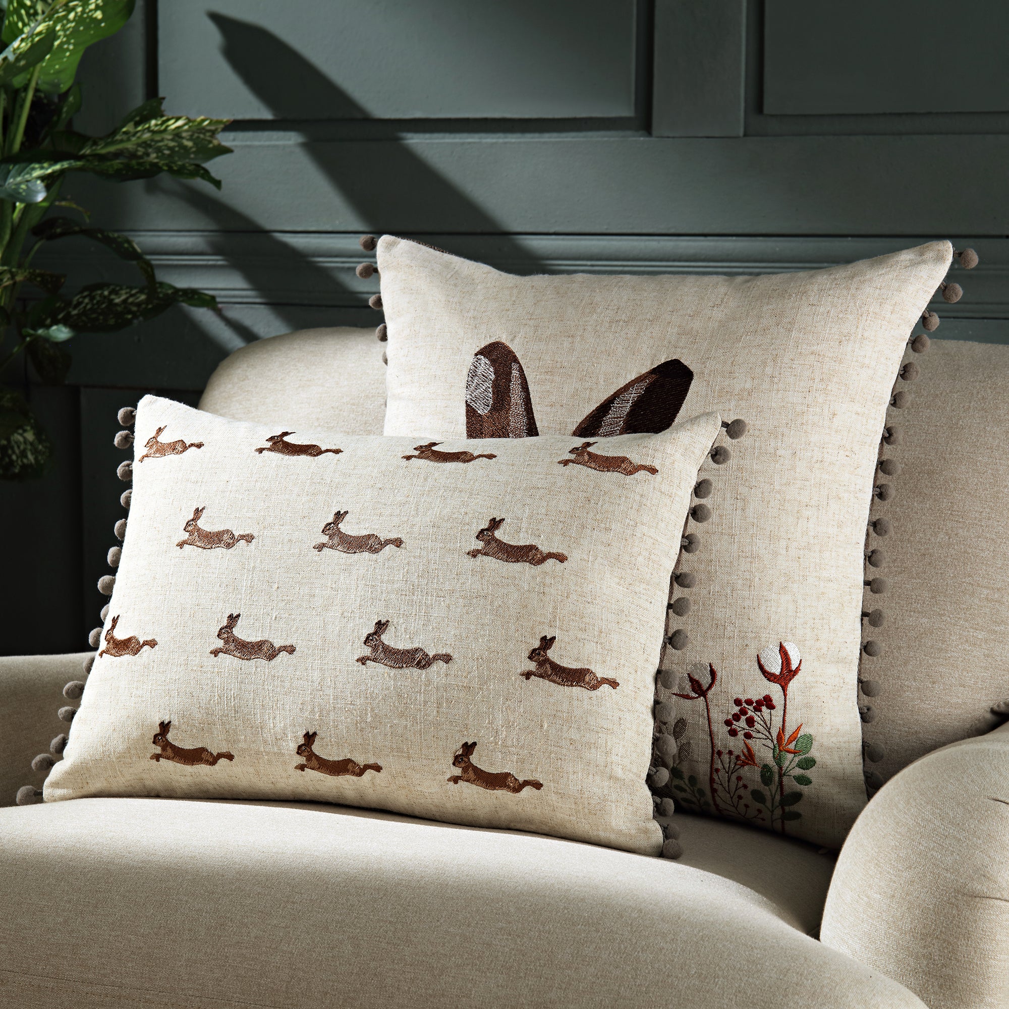 Country Collection Leaping Hare Repeat Embroidered Linen Blend Cushion