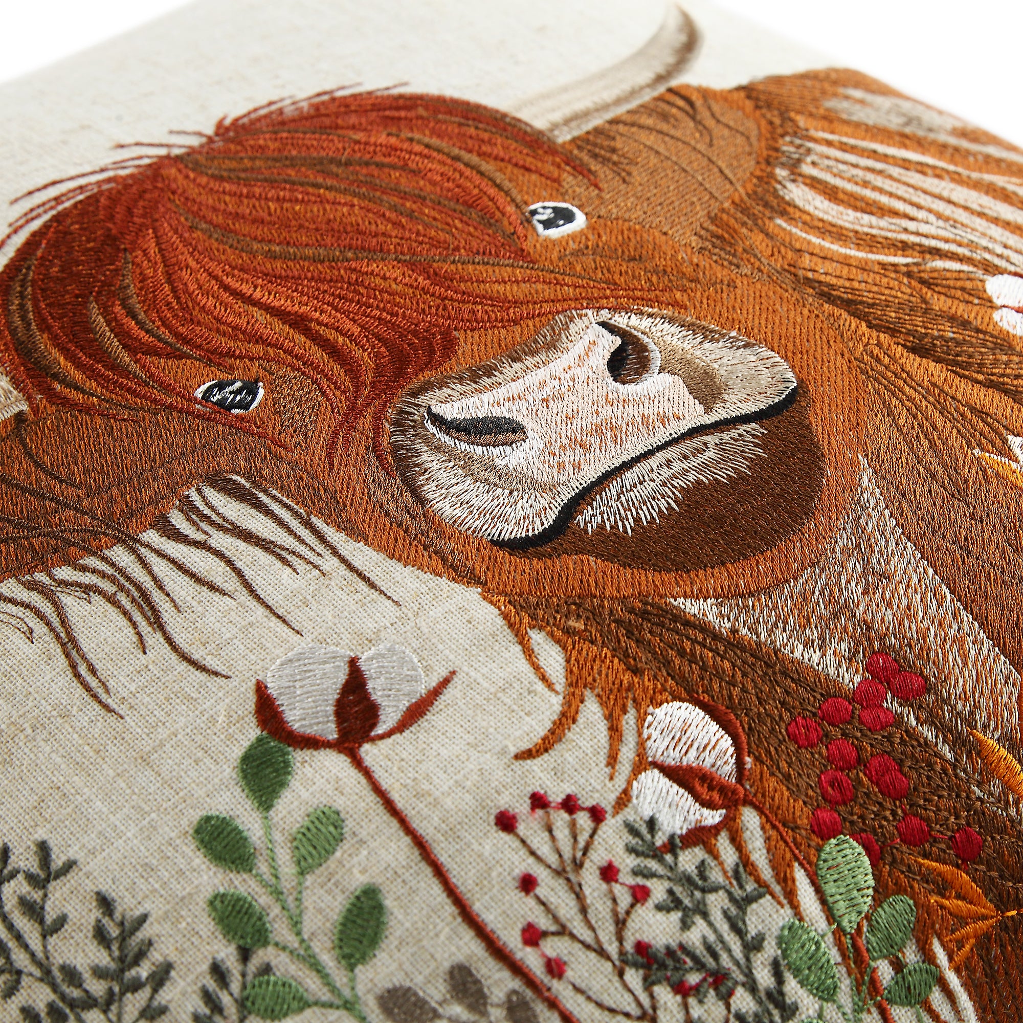 Country Collection Highland Cow Embroidered Linen Blend Cushion