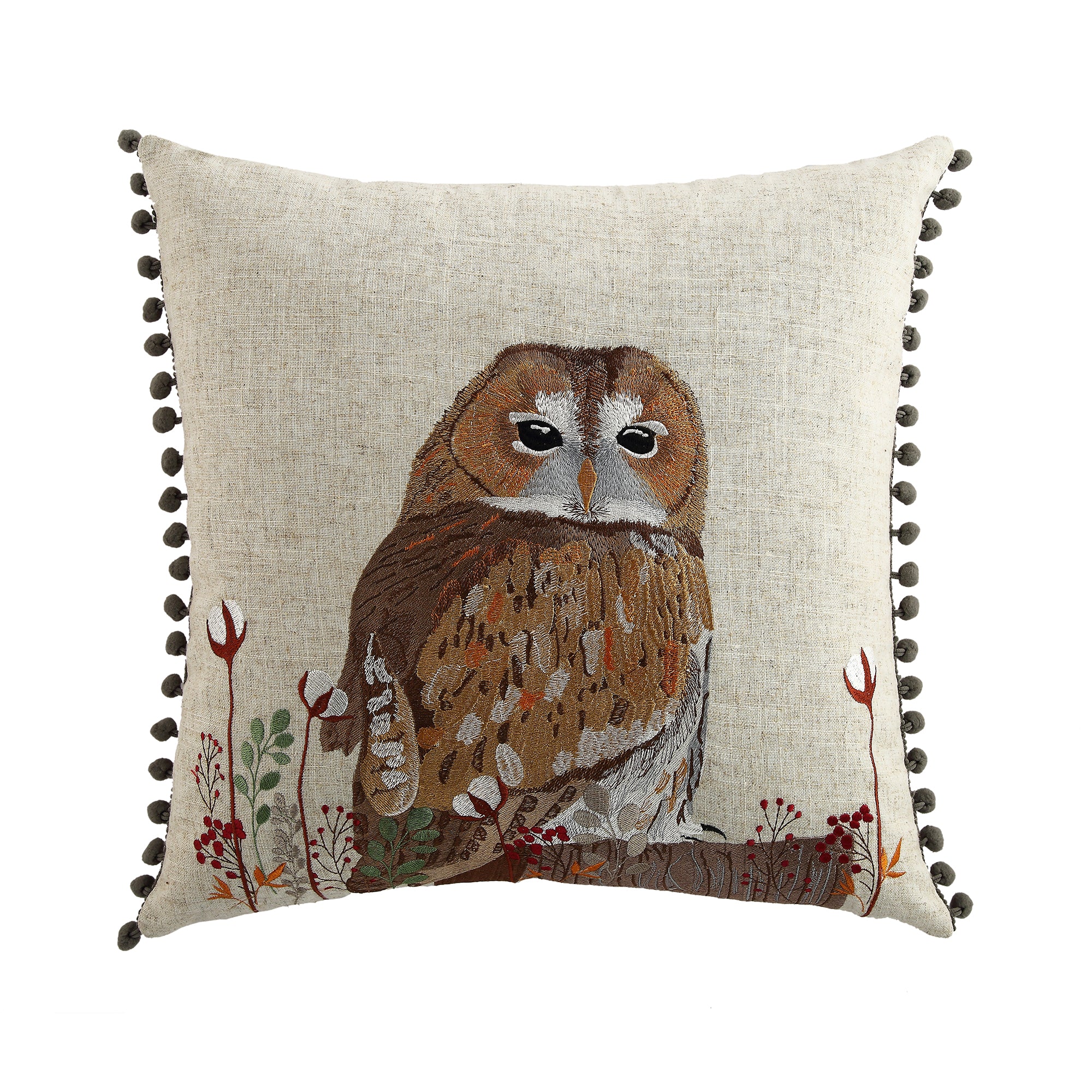 Country Collection Owl Embroidered Linen Blend Cushion