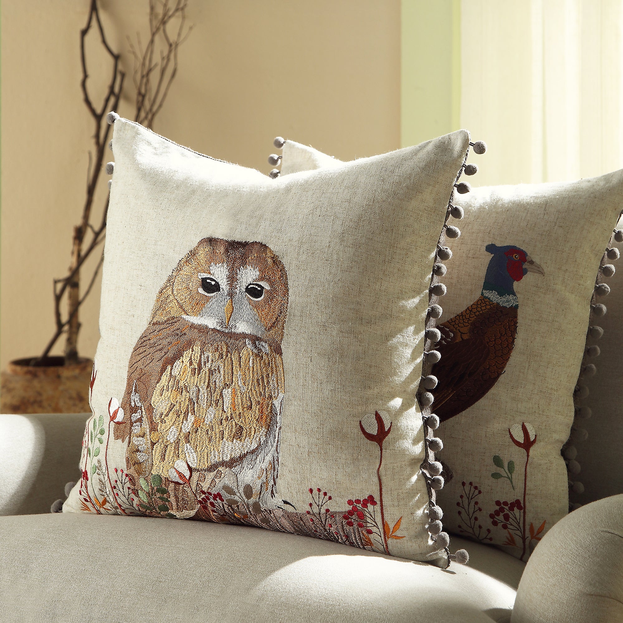 Country Collection Owl Embroidered Linen Blend Cushion